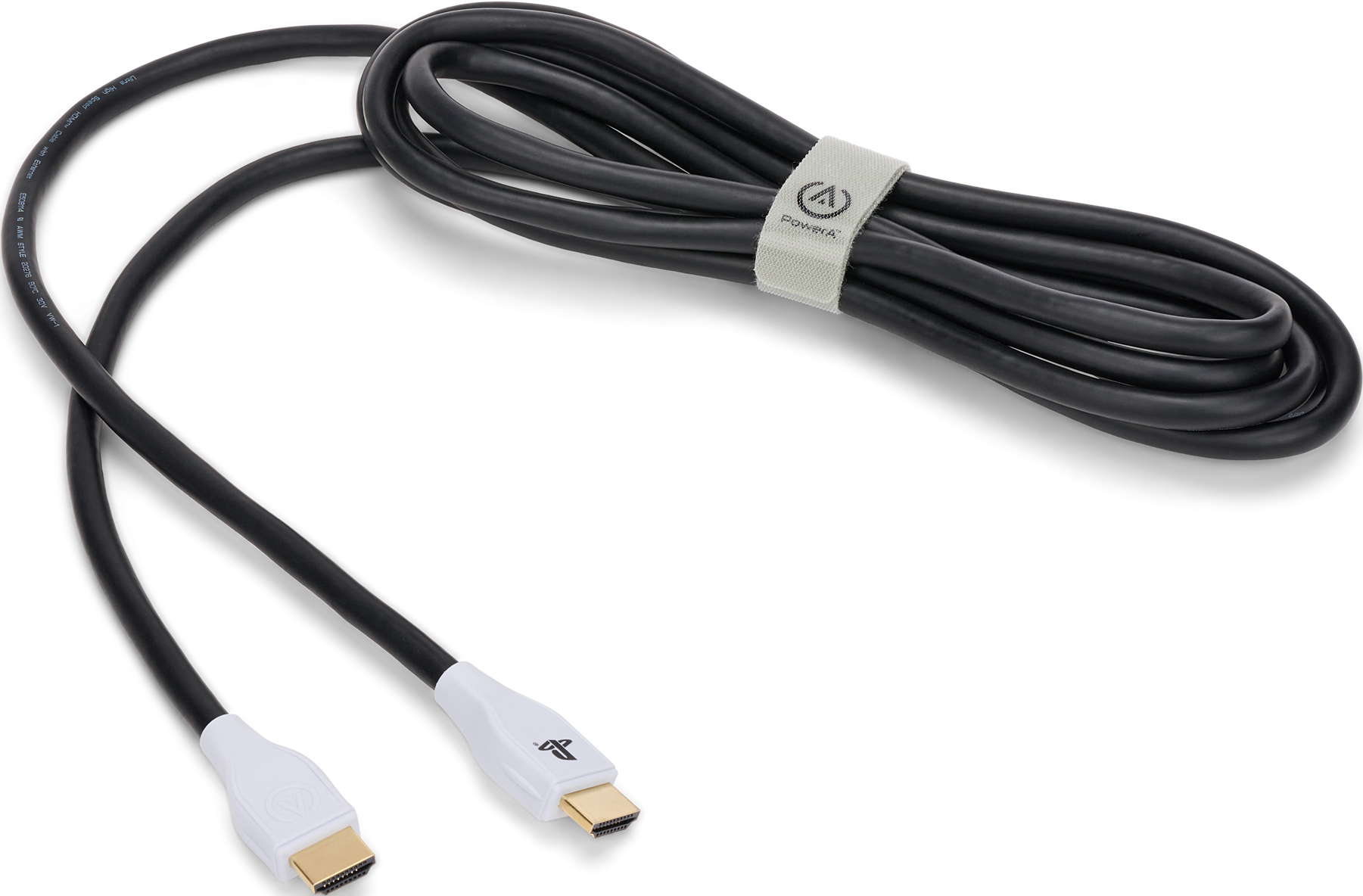 Câble HDMI noir avec connecteurs blancs et une sangle velcro avec logo.