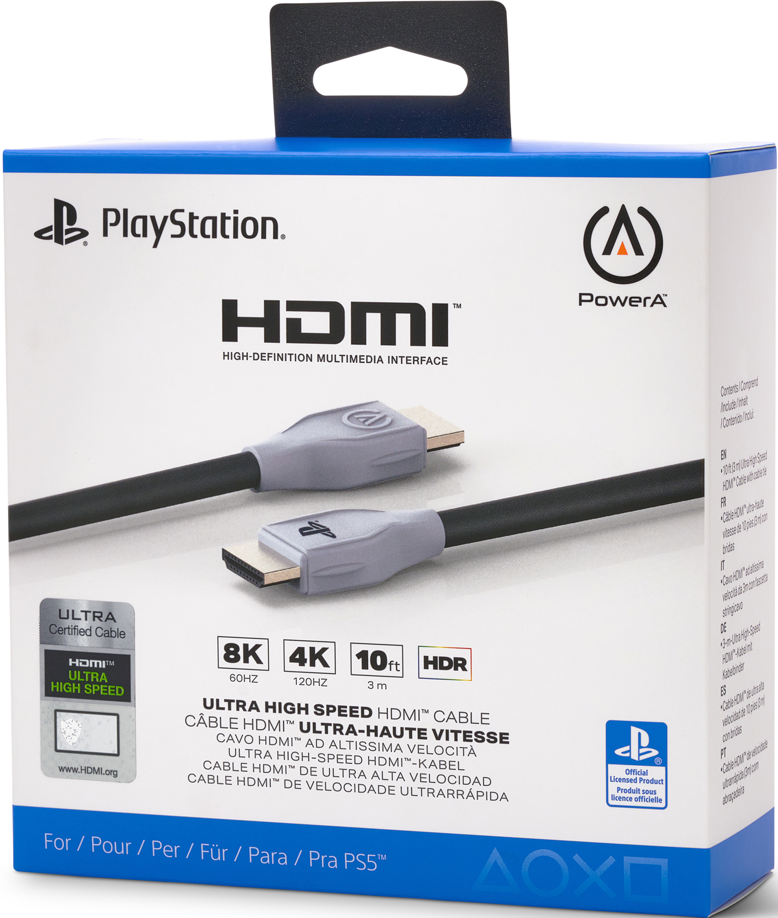 Boîte de câble HDMI PlayStation. La boîte est bleue avec le logo PlayStation et les mots HDMI.