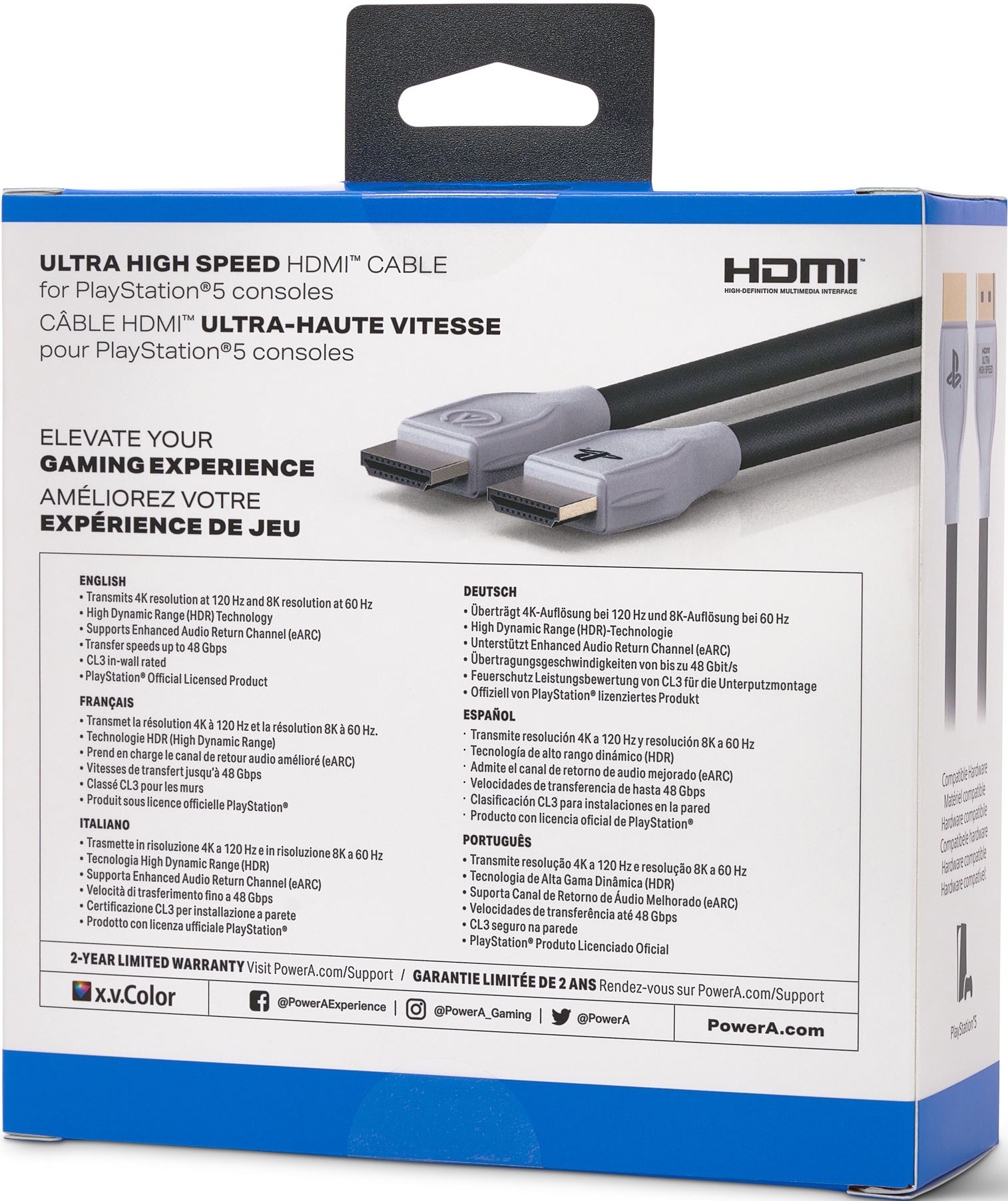 Une boîte de produit pour un câble HDMI, avec du texte et des images détaillant ses caractéristiques et spécifications.