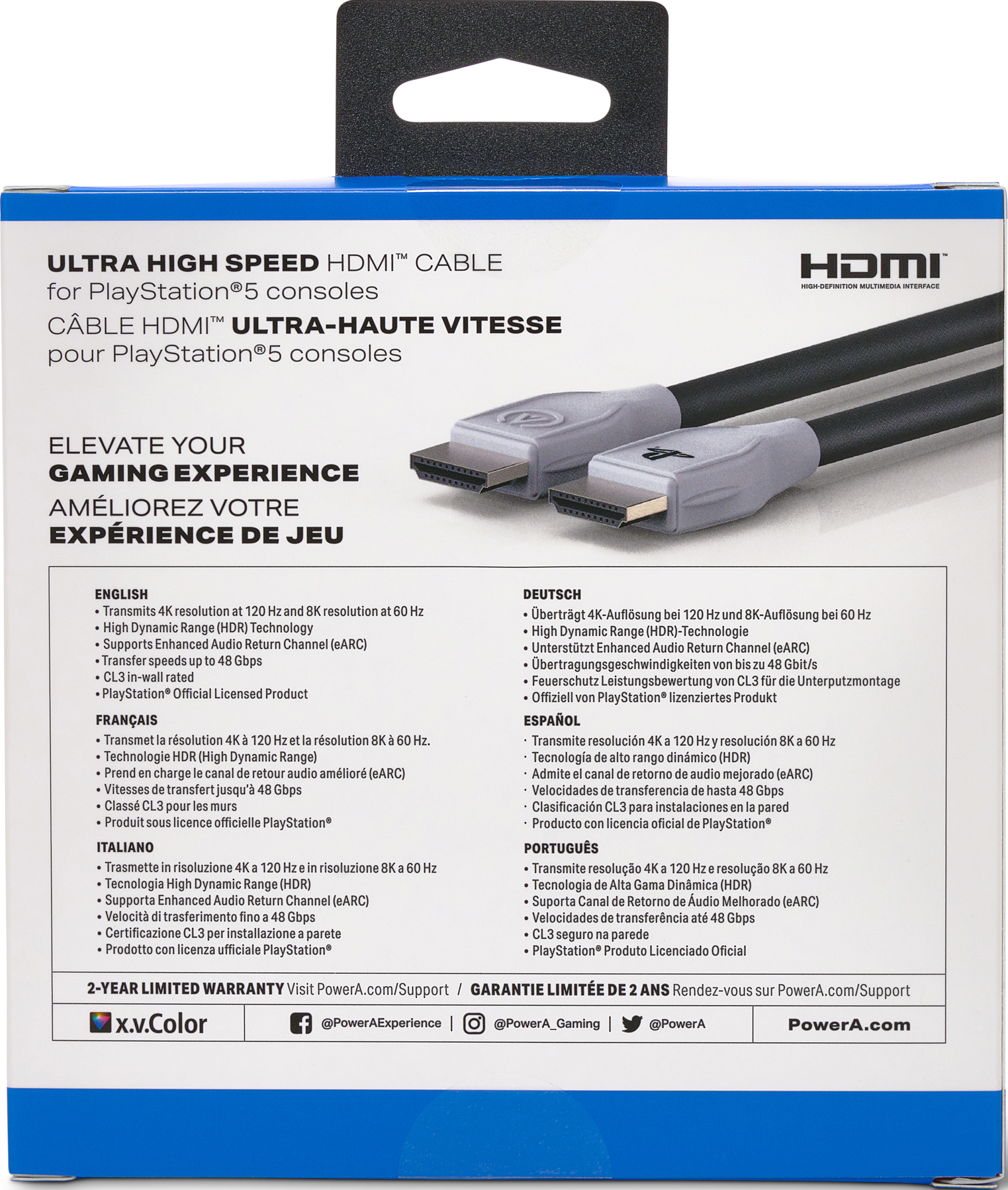 Emballage de câble HDMI. Texte multilingue, image du câble.