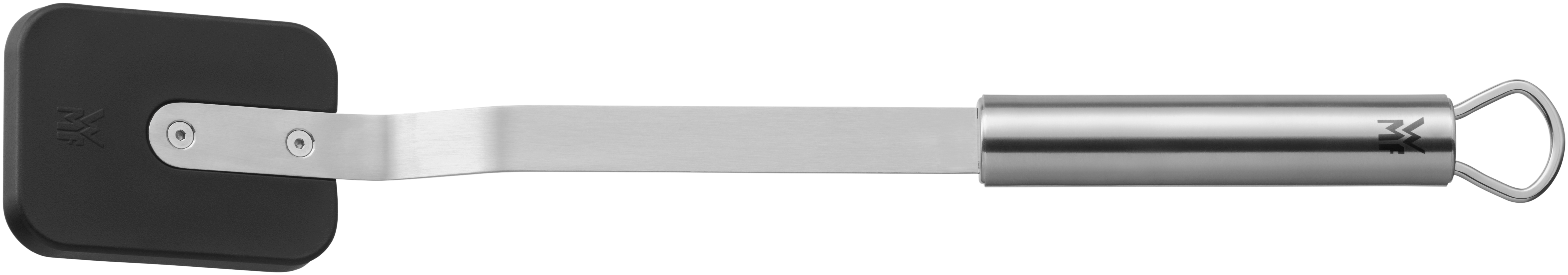 Schwarzer und silberner Spatel. Klinge rechteckig, Griff silbern mit Schlaufe.