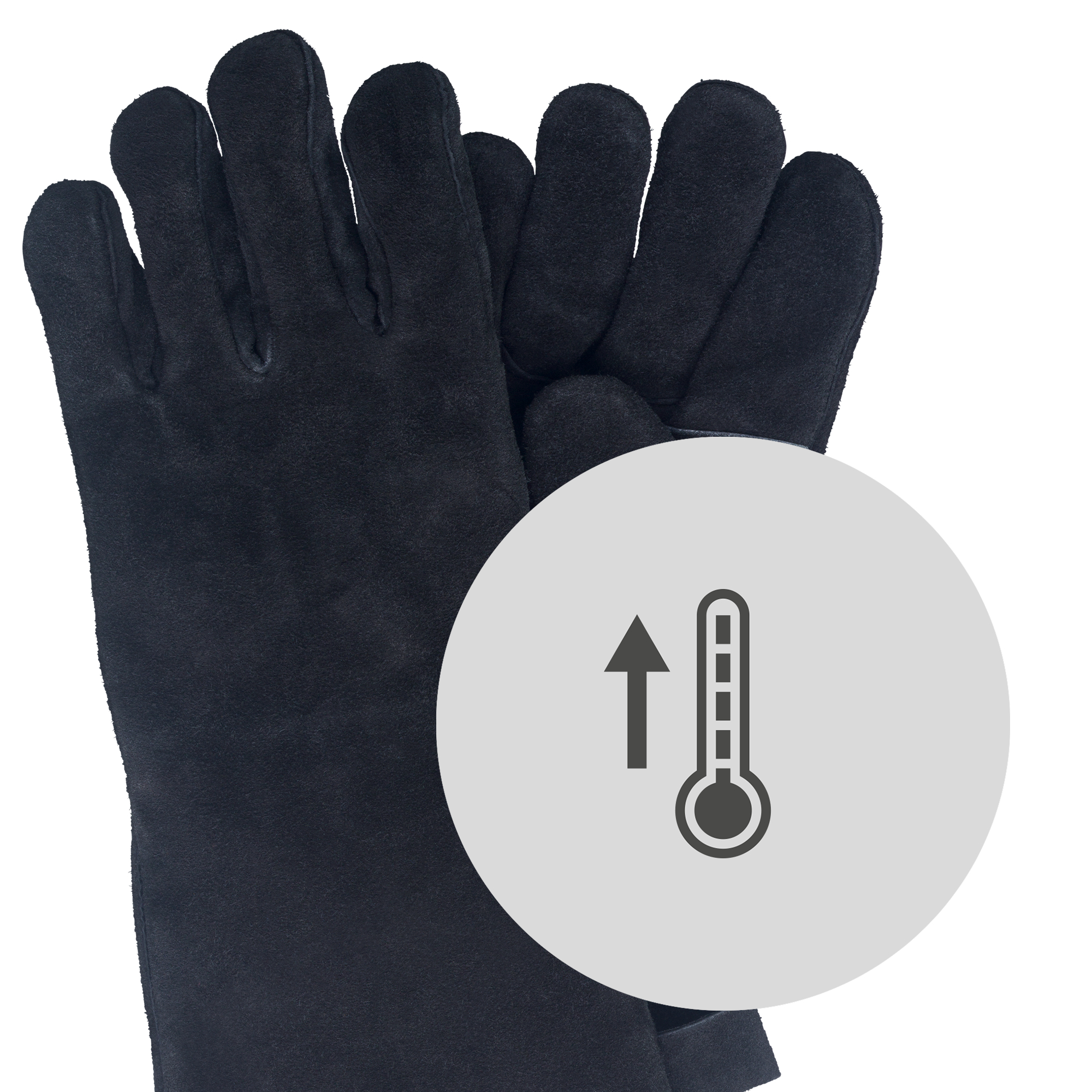 Schwarze Handschuhe mit Thermometer-Symbol. Ein kreisförmiges Overlay über den Handschuhen.