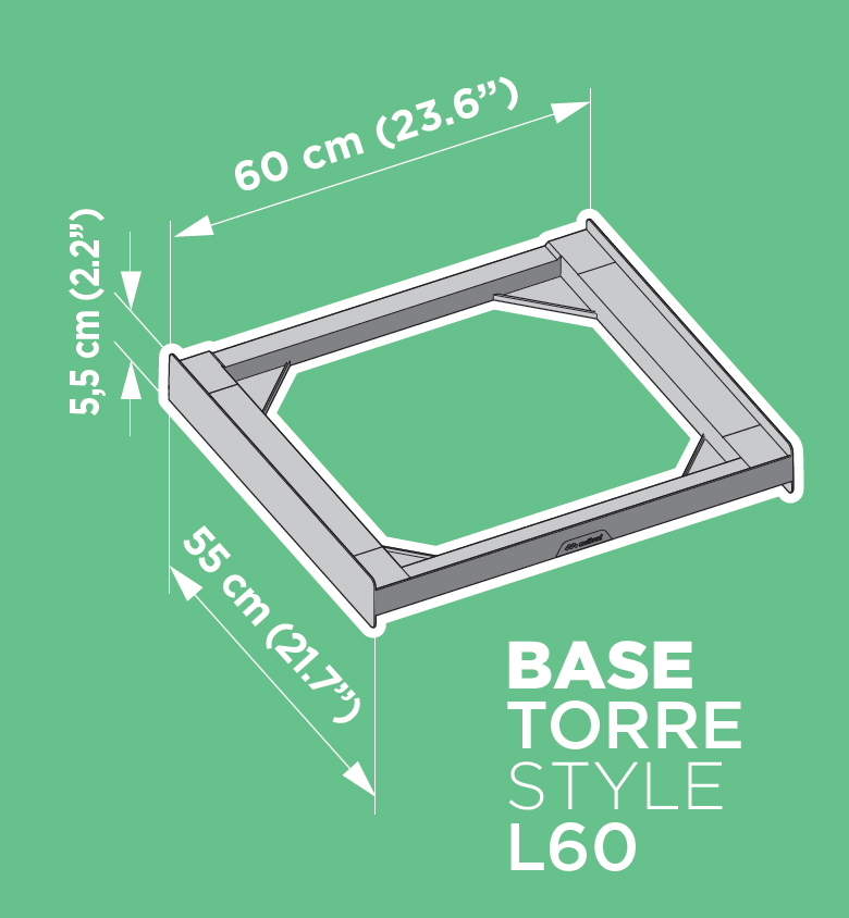 Szürke alap méretekkel, 'BASE TORRE STYLE L60' felirattal zöld háttéren.
