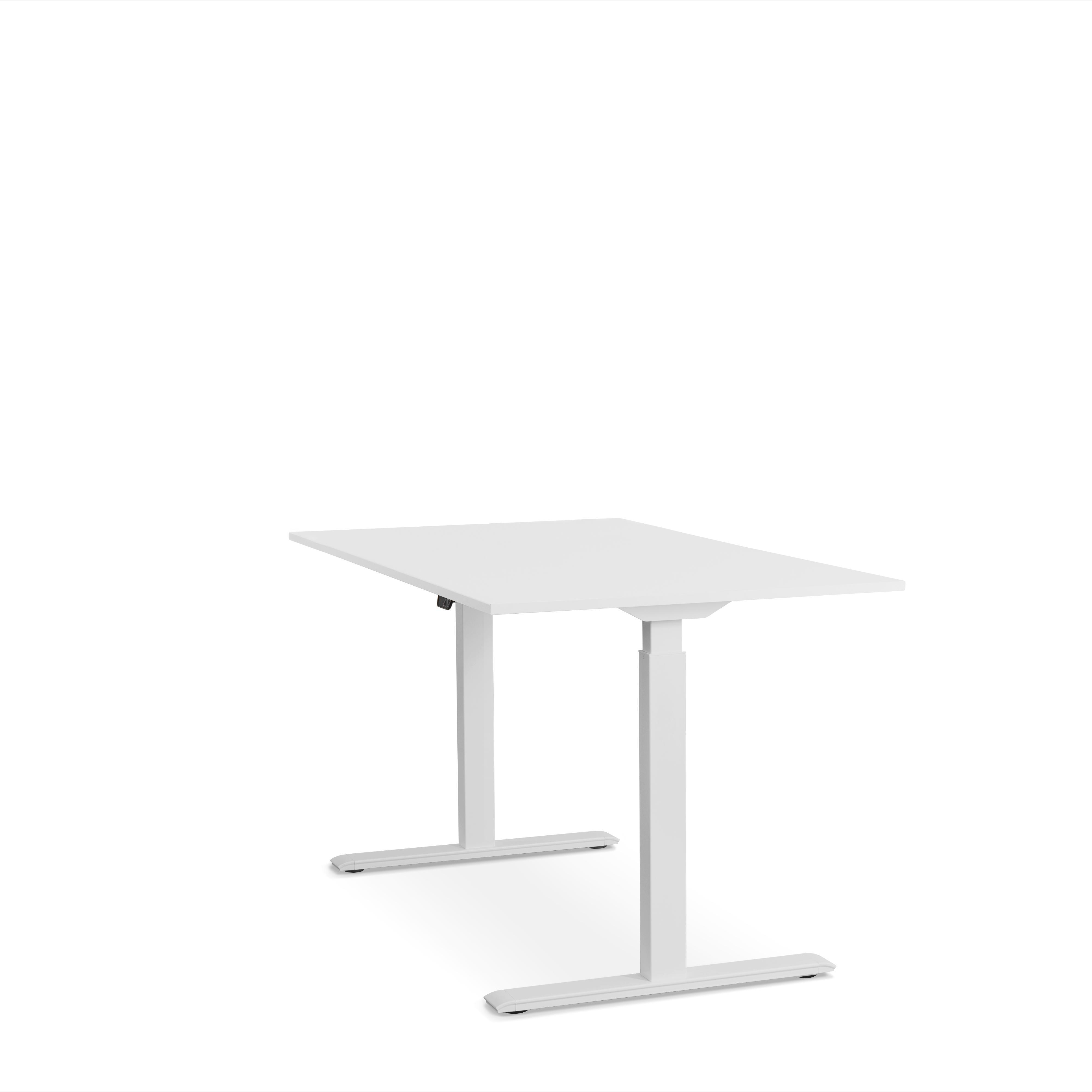 Weißer, höhenverstellbarer Schreibtisch mit zwei Beinen. Weißer Hintergrund.