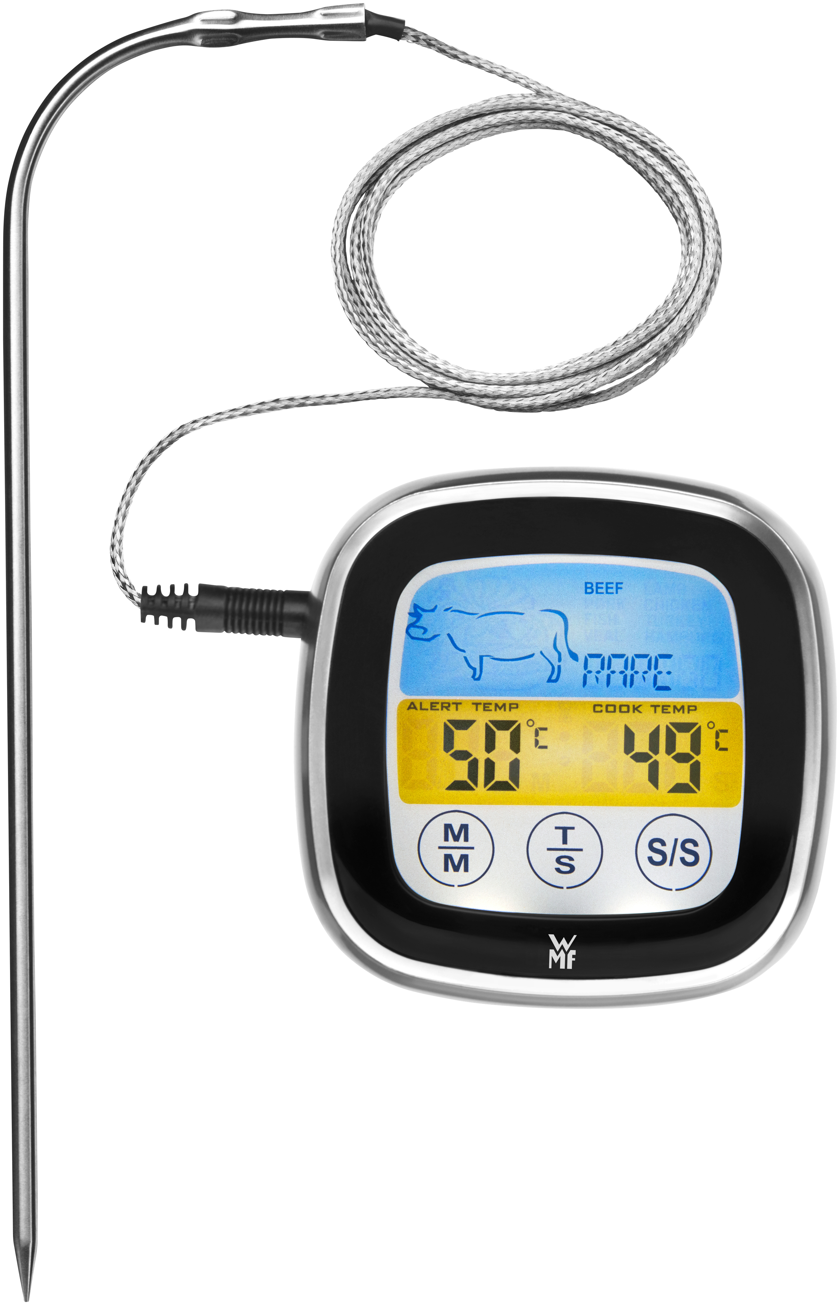 Fleischthermometer, das die Temperatur anzeigt. Es hat eine Digitalanzeige und eine Sonde.