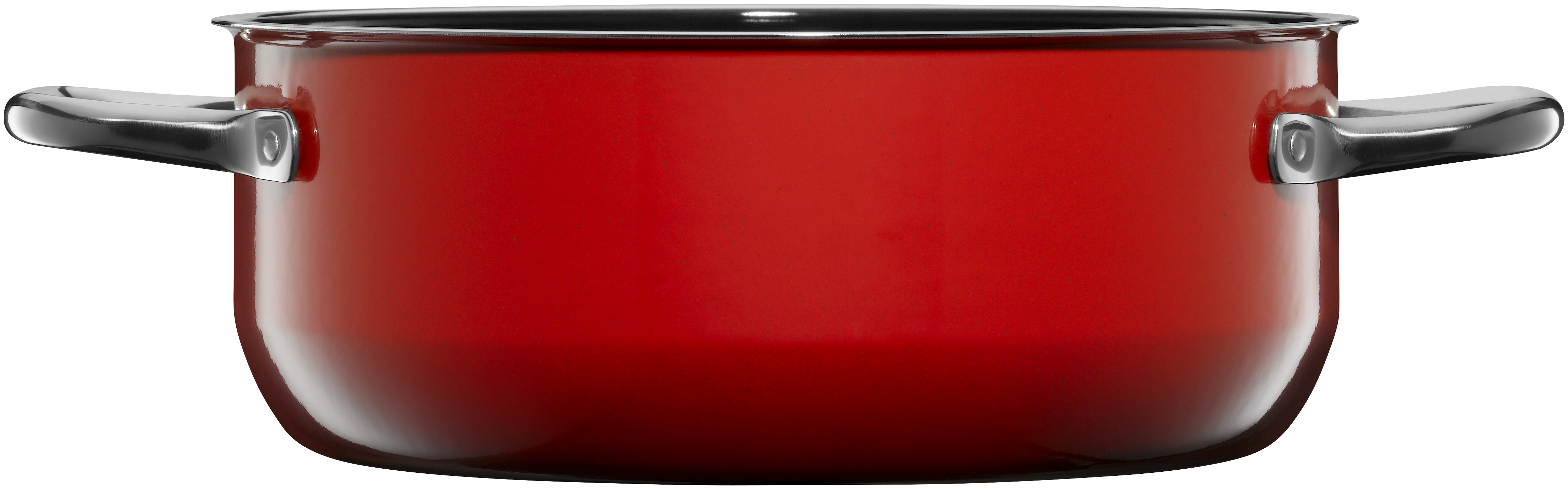 Ein roter Kochtopf mit silbernen Griffen auf weißem Grund.