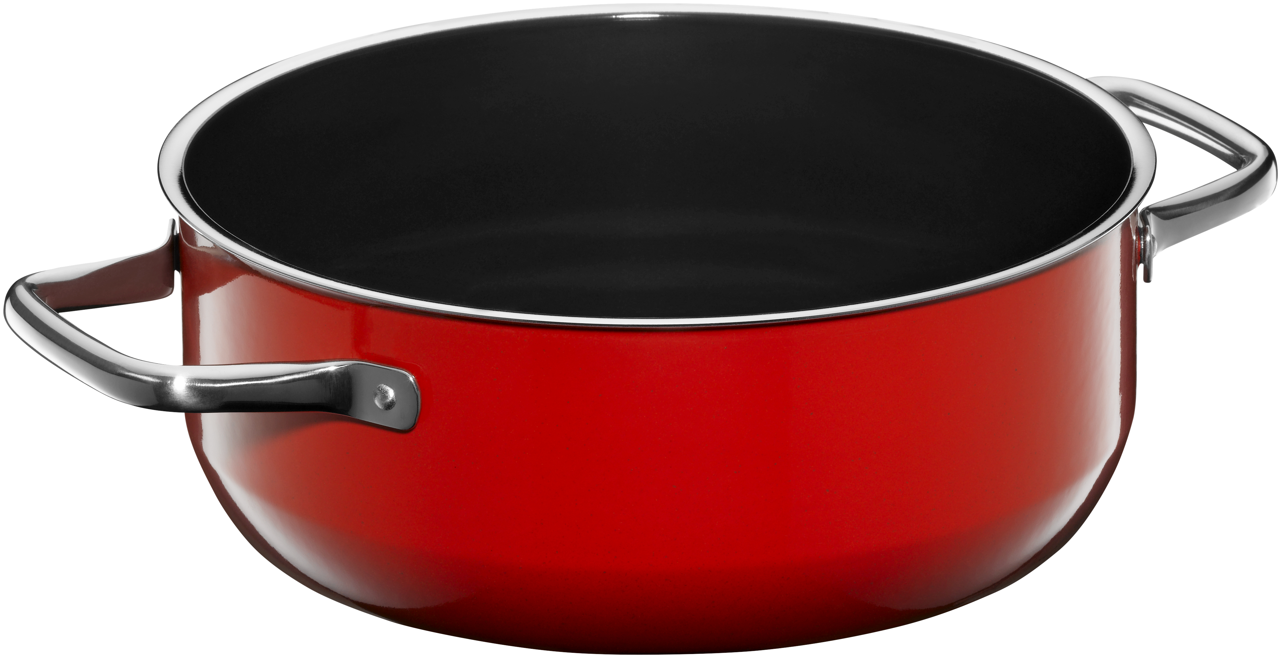 Roter Kochtopf mit silbernen Griffen.