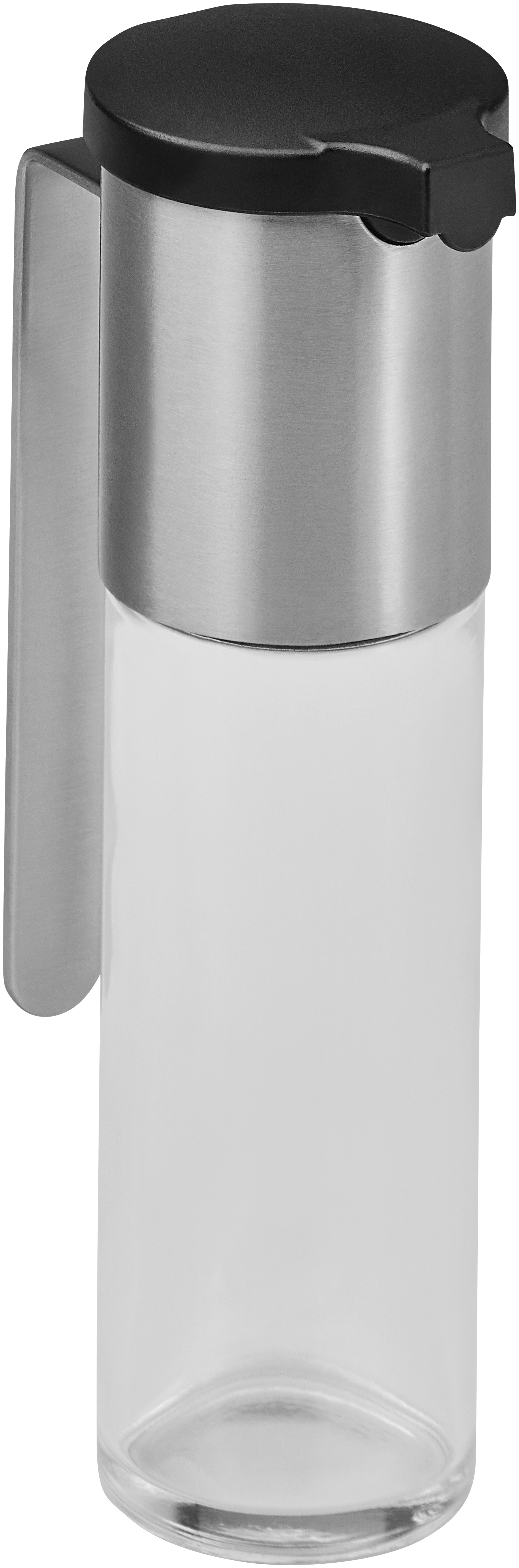 Hohe, klare Glasflasche mit silbernem Deckel und schwarzem Ausguss. Metall-Wandhalterung.
