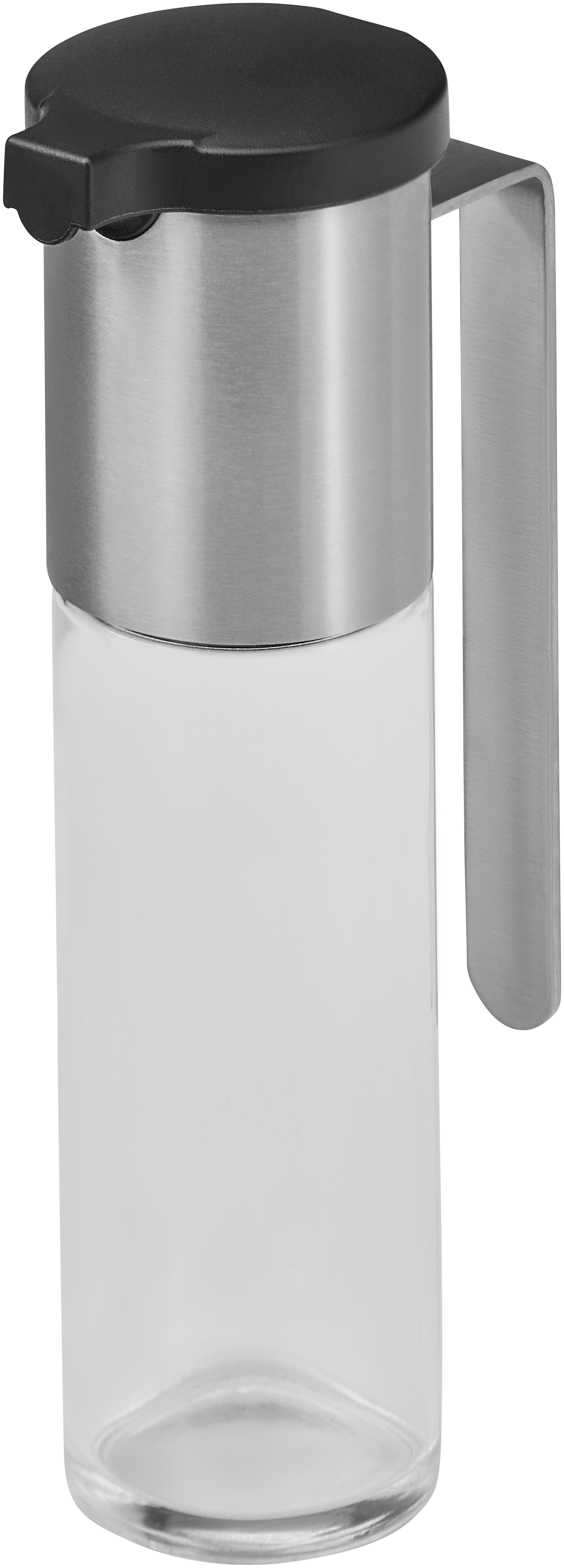 Klarer Glas- und Edelstahl-Ölspender mit schwarzem Deckel und Griff.