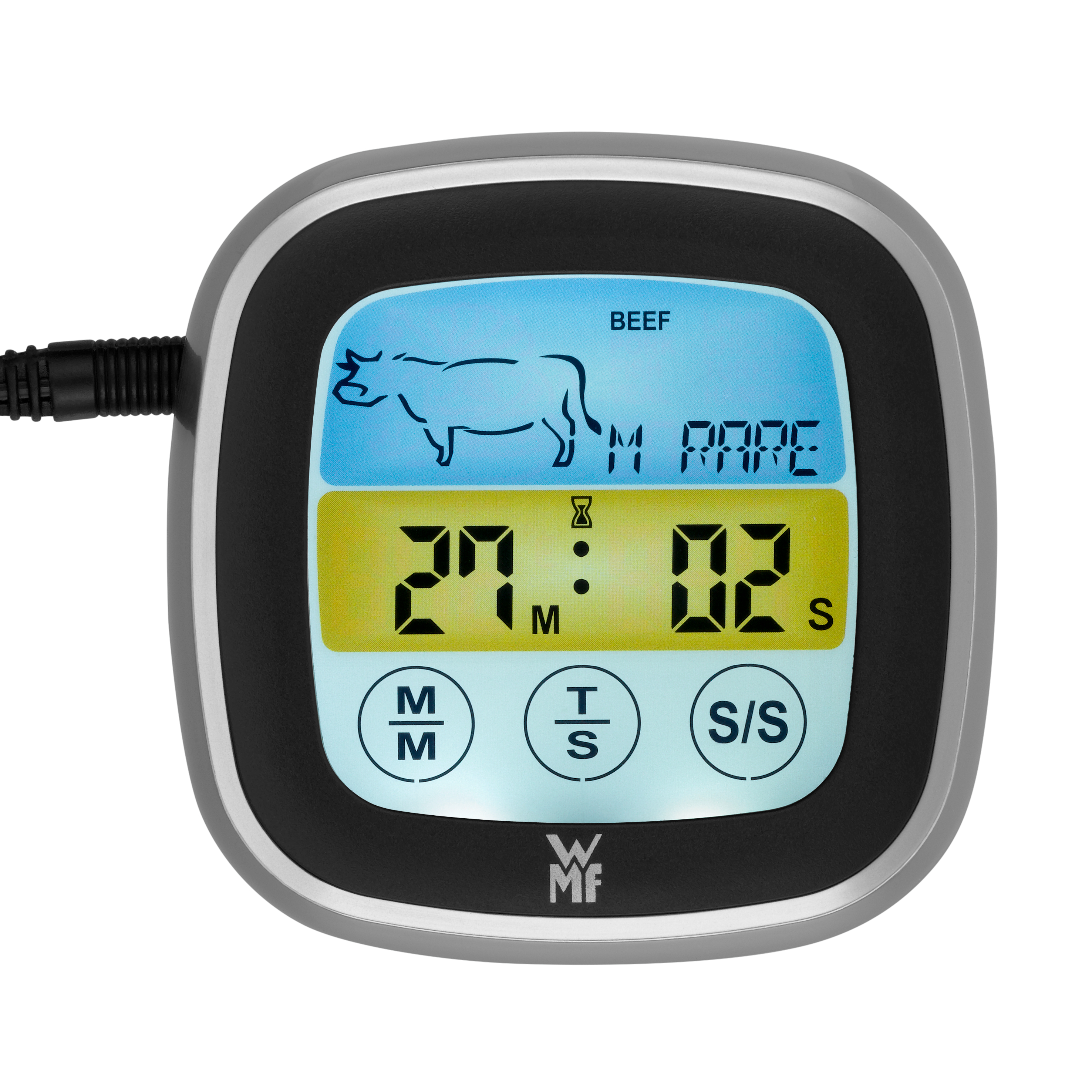 Fleischthermometer, das Einstellungen für Rindfleisch anzeigt.