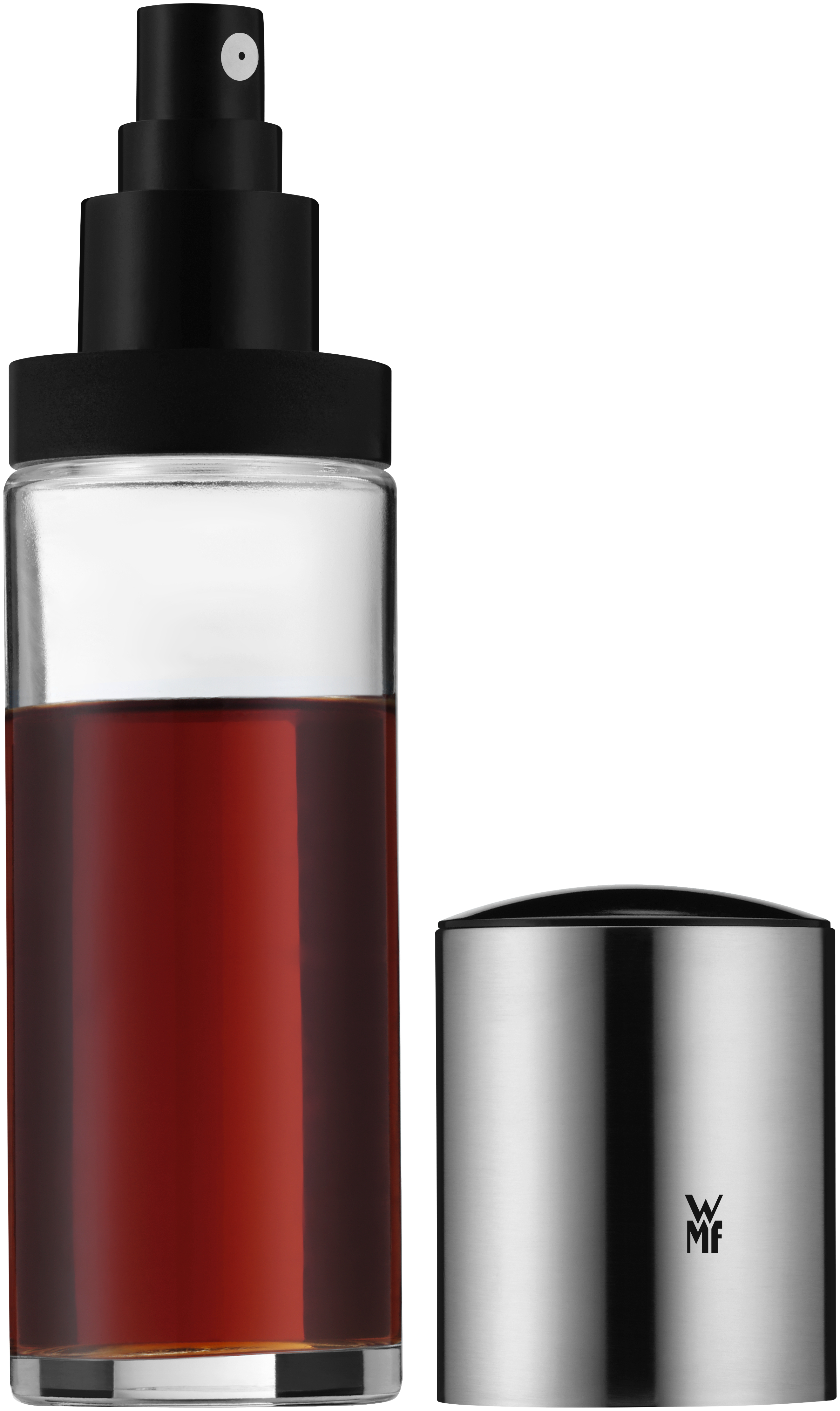 Eine Glassprühflasche mit schwarzer Pumpe und Edelstahlkappe, neben einer Kappe.