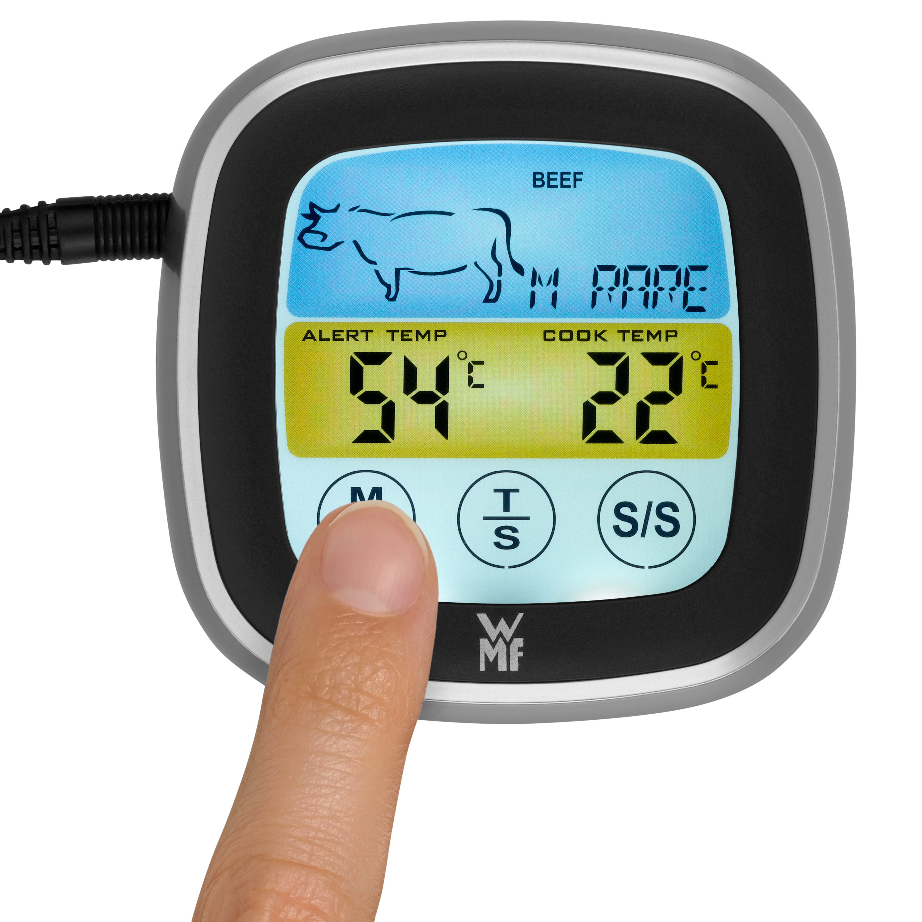 Digitales Fleischthermometer mit Alarm- und Gartemperaturen, Finger drückt Knopf.