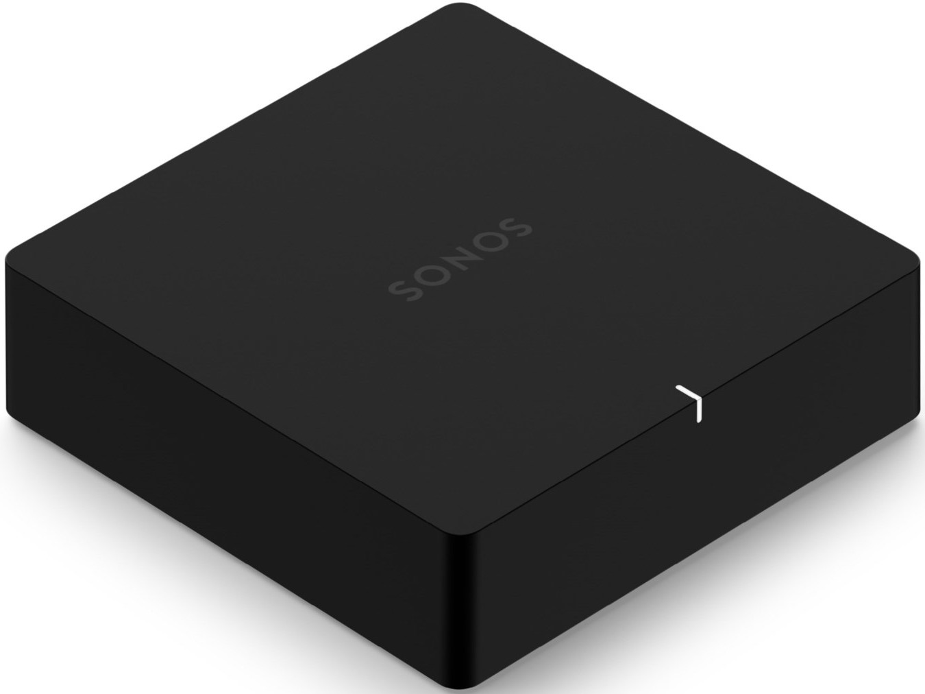 Appareil de système audio Sonos noir, vue en angle sur une surface blanche.