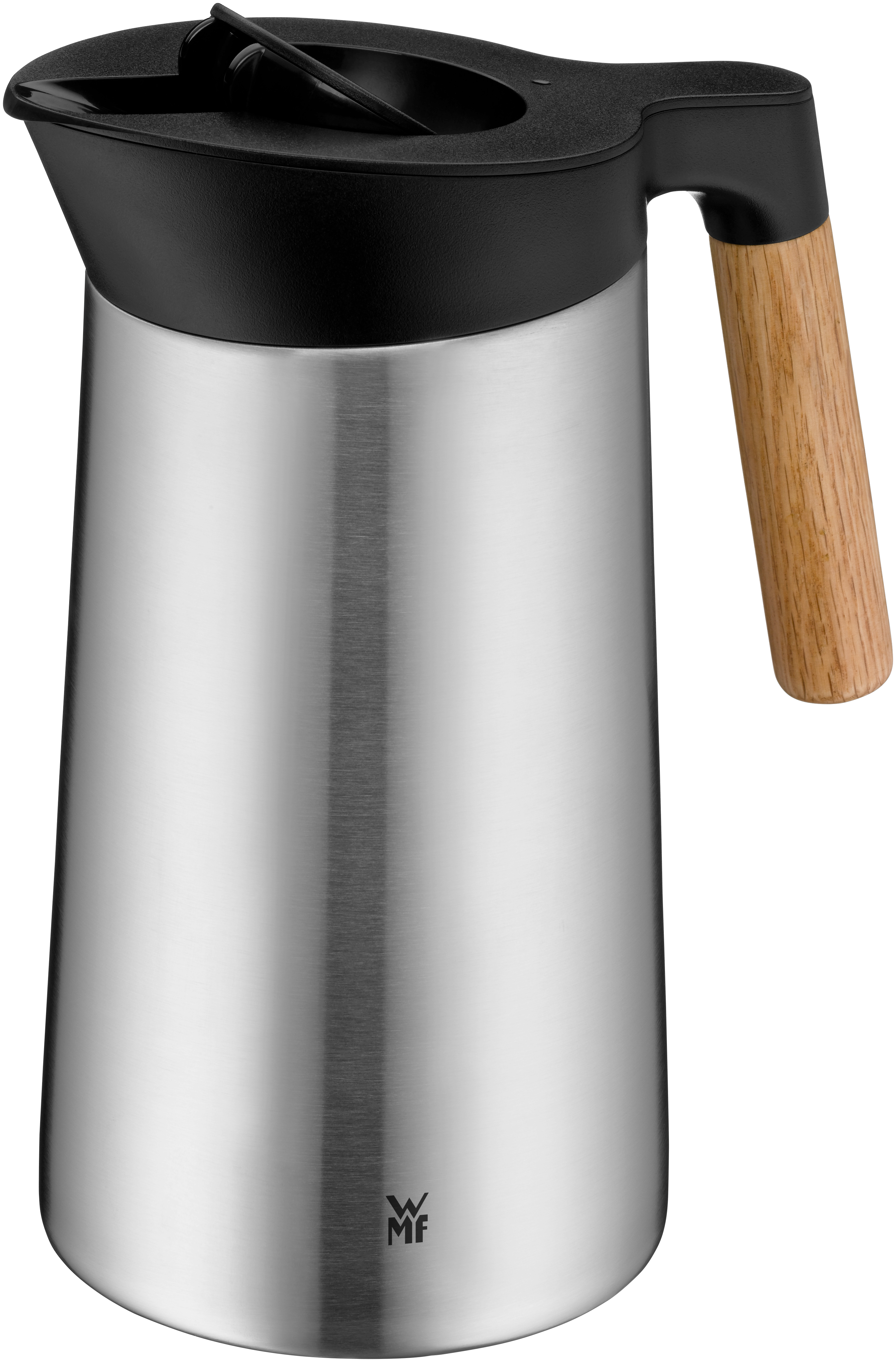 Silberne und schwarze Isolierkanne mit Holzgriff.