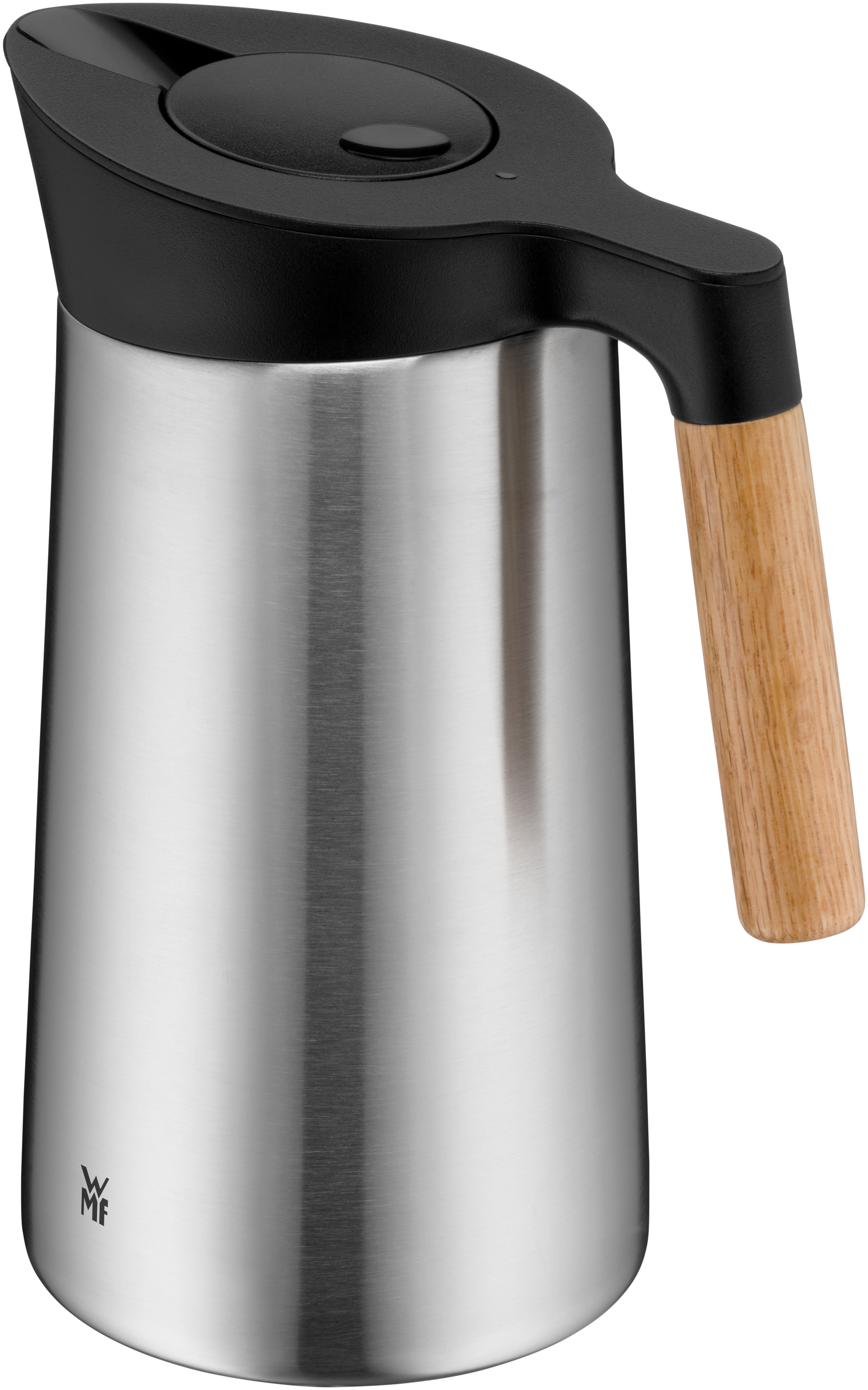 Eine silberne Thermoskanne mit Holzgriff und schwarzem Deckel.