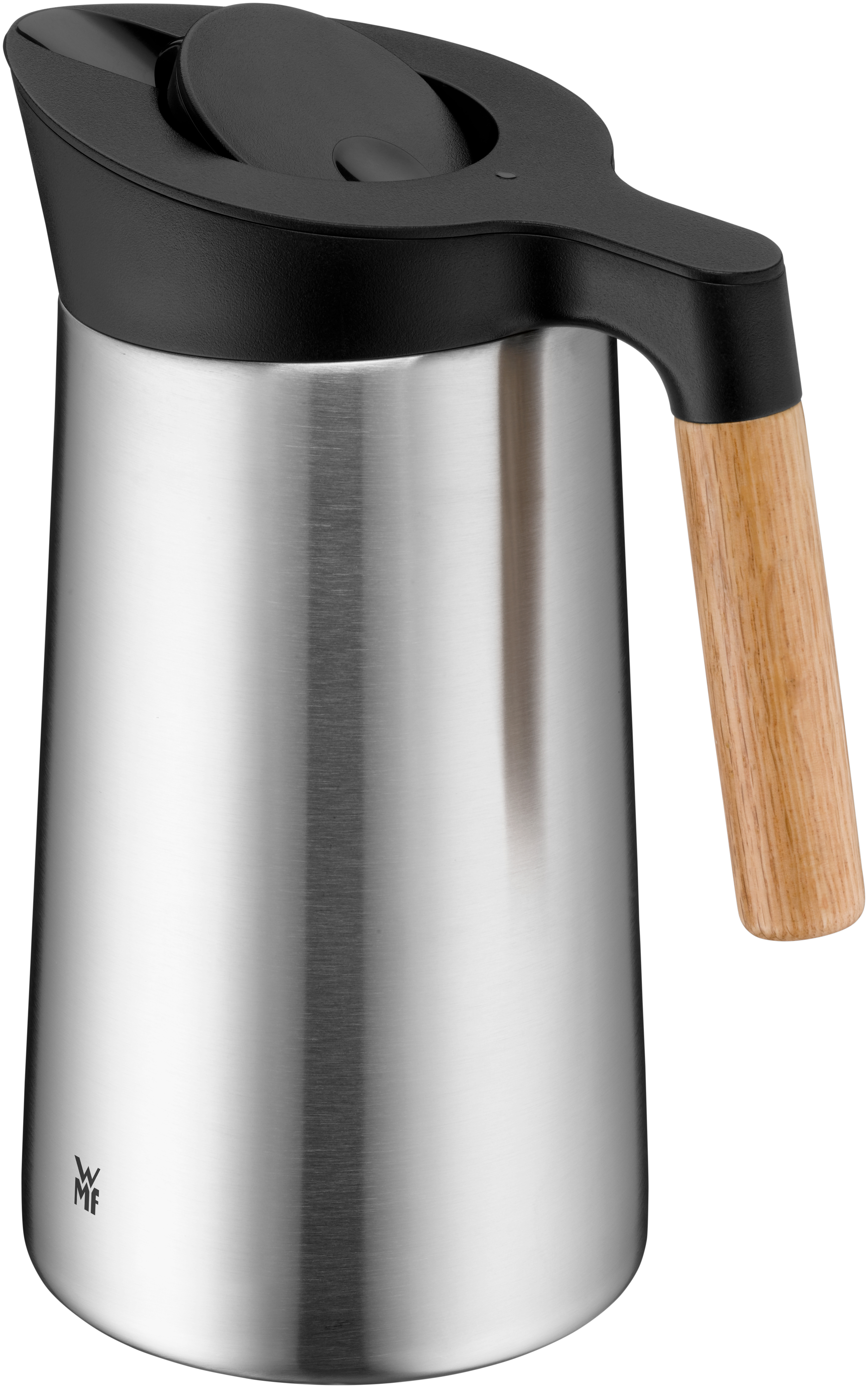 Eine Edelstahl-Thermokanne mit schwarzem Deckel und Griff mit Holzgriff.