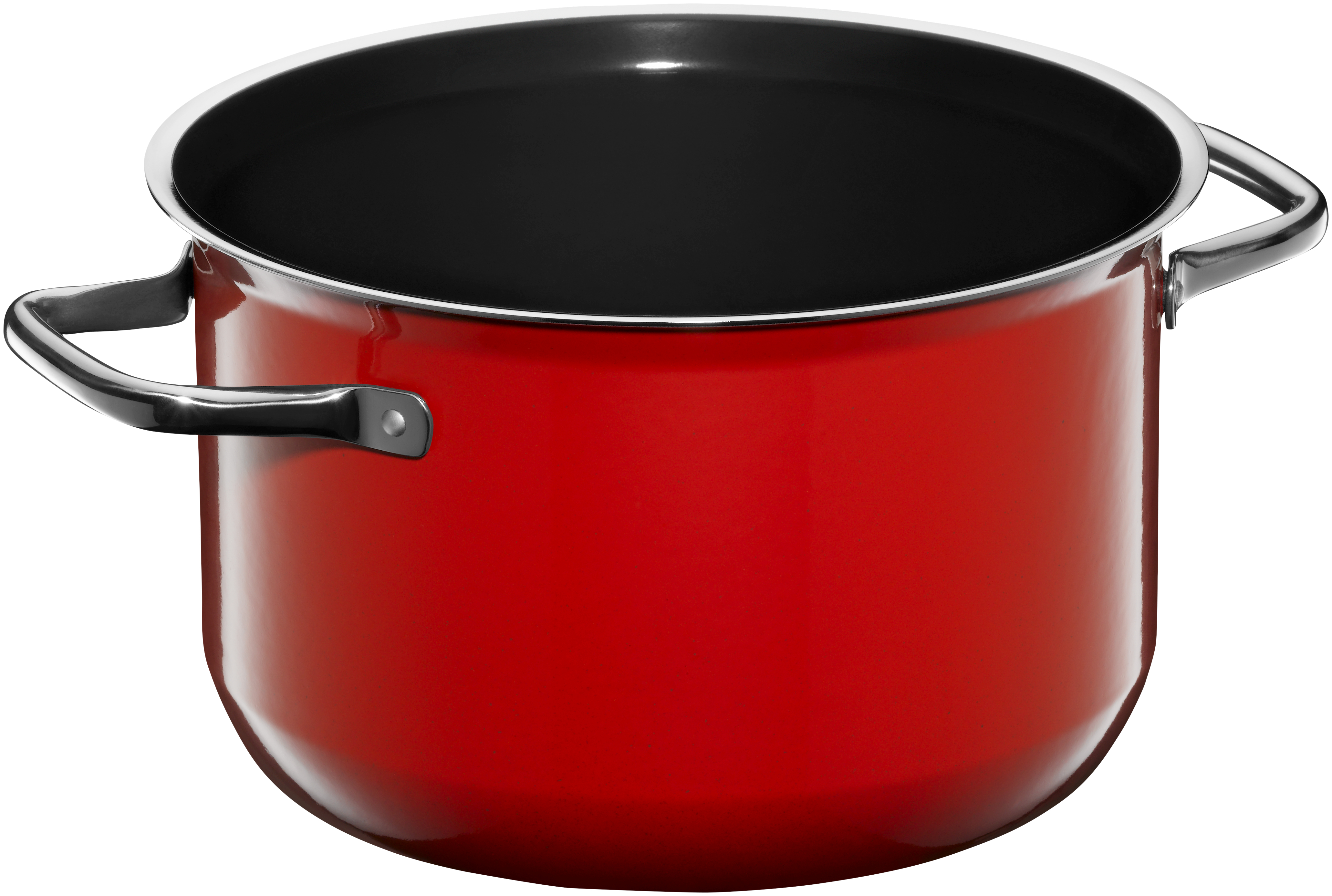 Ein roter Kochtopf mit schwarzem Innenraum und silbernen Griffen, isoliert auf Weiß.