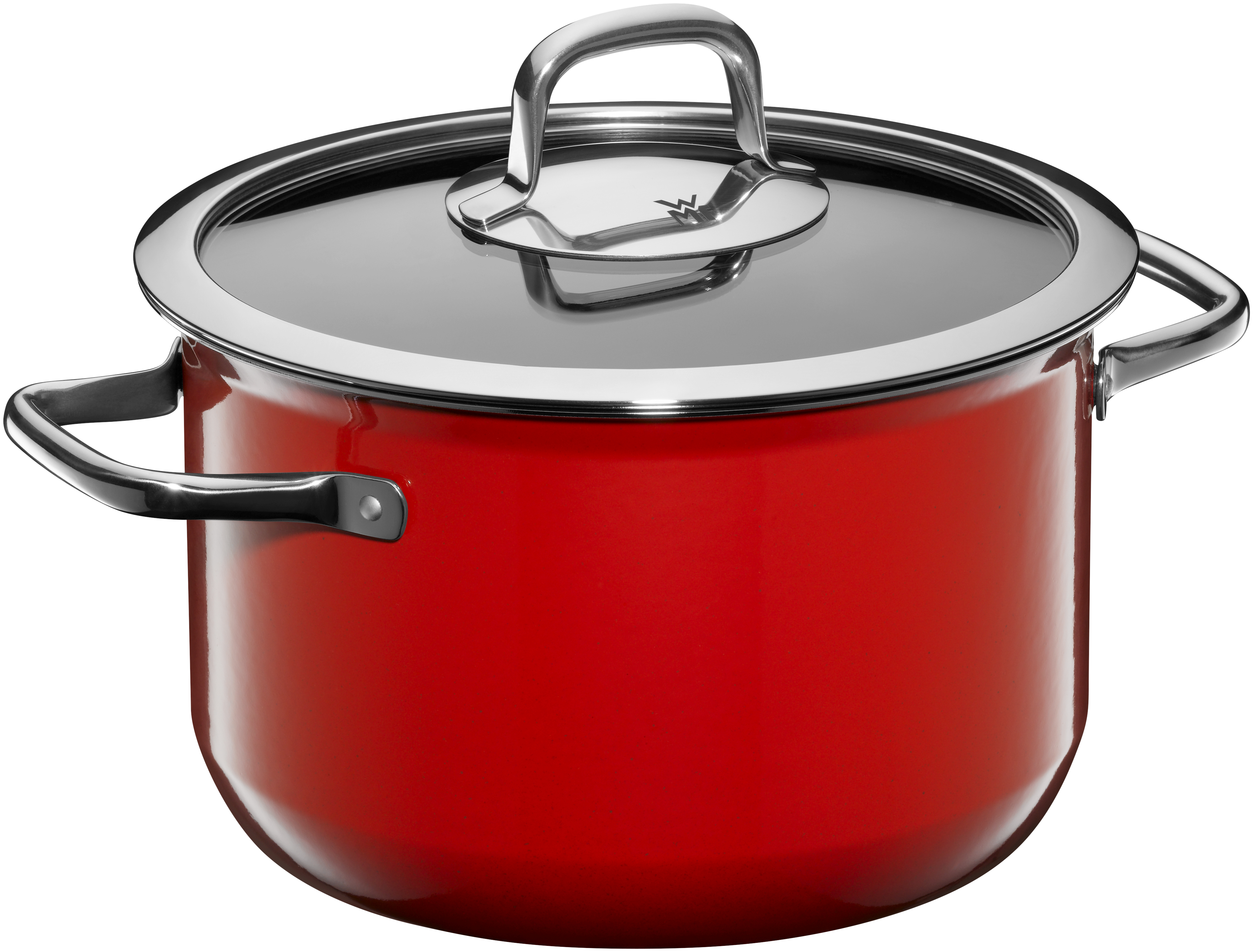Roter Kochtopf mit silbernem Rand und Deckel, Griffe an der Seite.