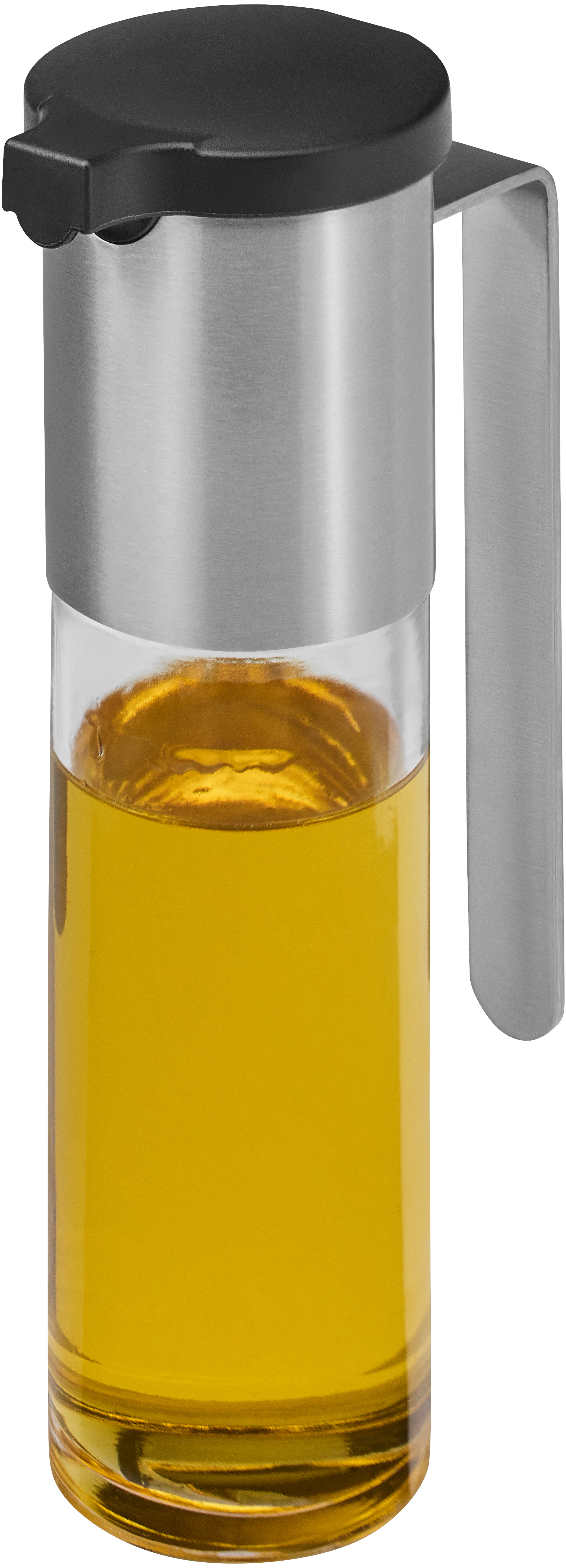 Olivenölspender. Glasflasche mit gelbem Öl und Deckel und Griff aus Edelstahl.