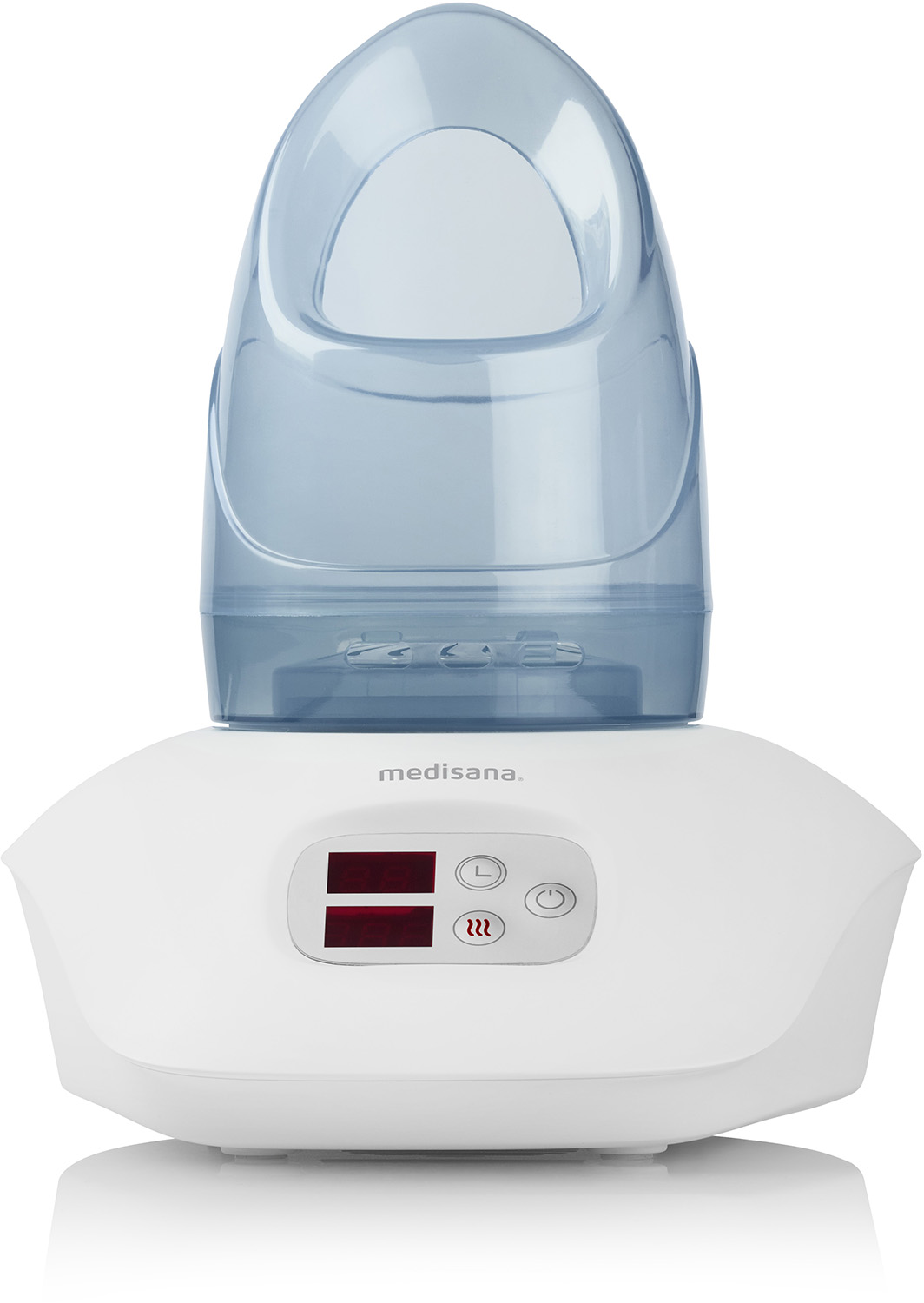 Witte gezichtsstomer met een blauw waterreservoir en een digitaal display.