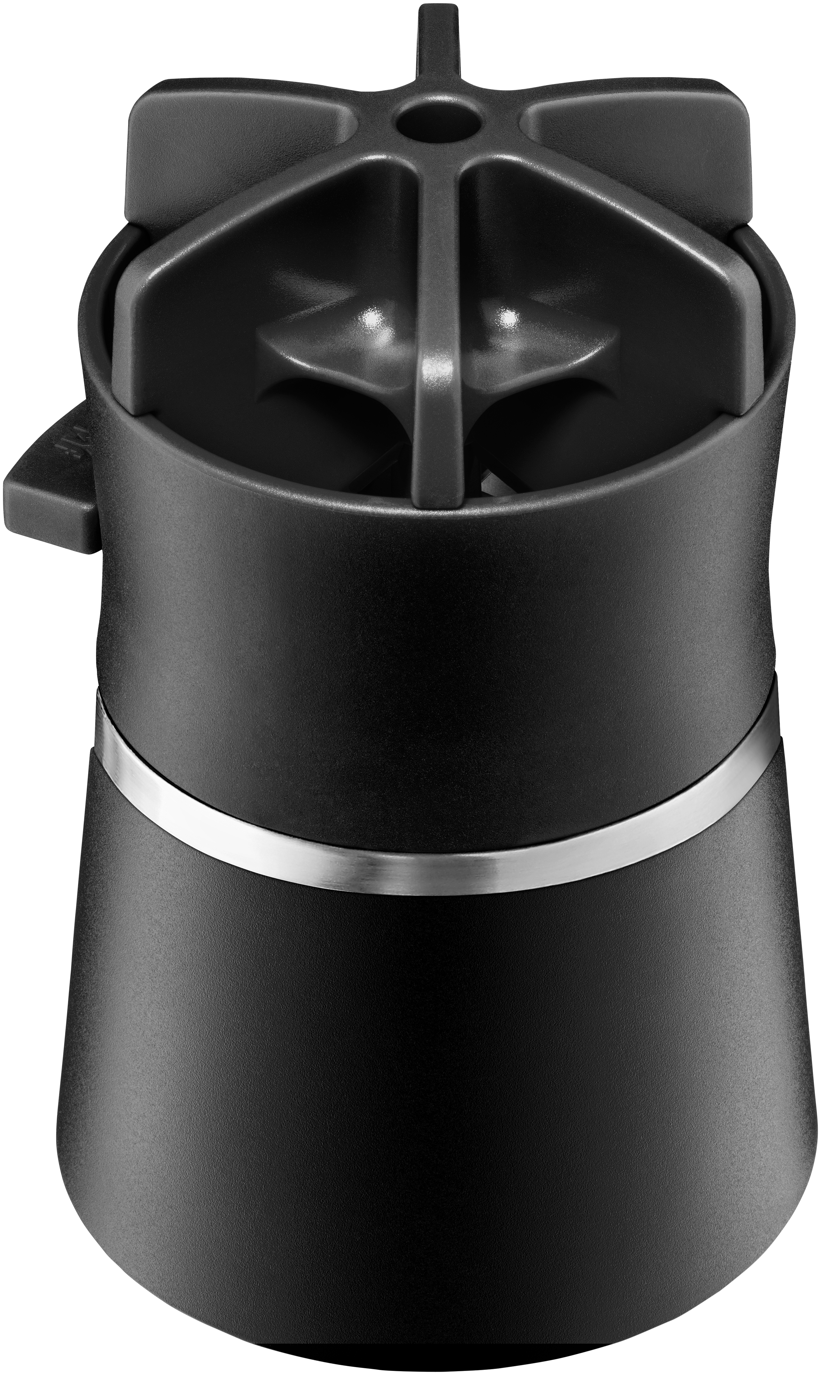 Schwarze Kaffeemühle, Draufsicht, mit Metallband. Die Mühle steht auf weißem Grund.