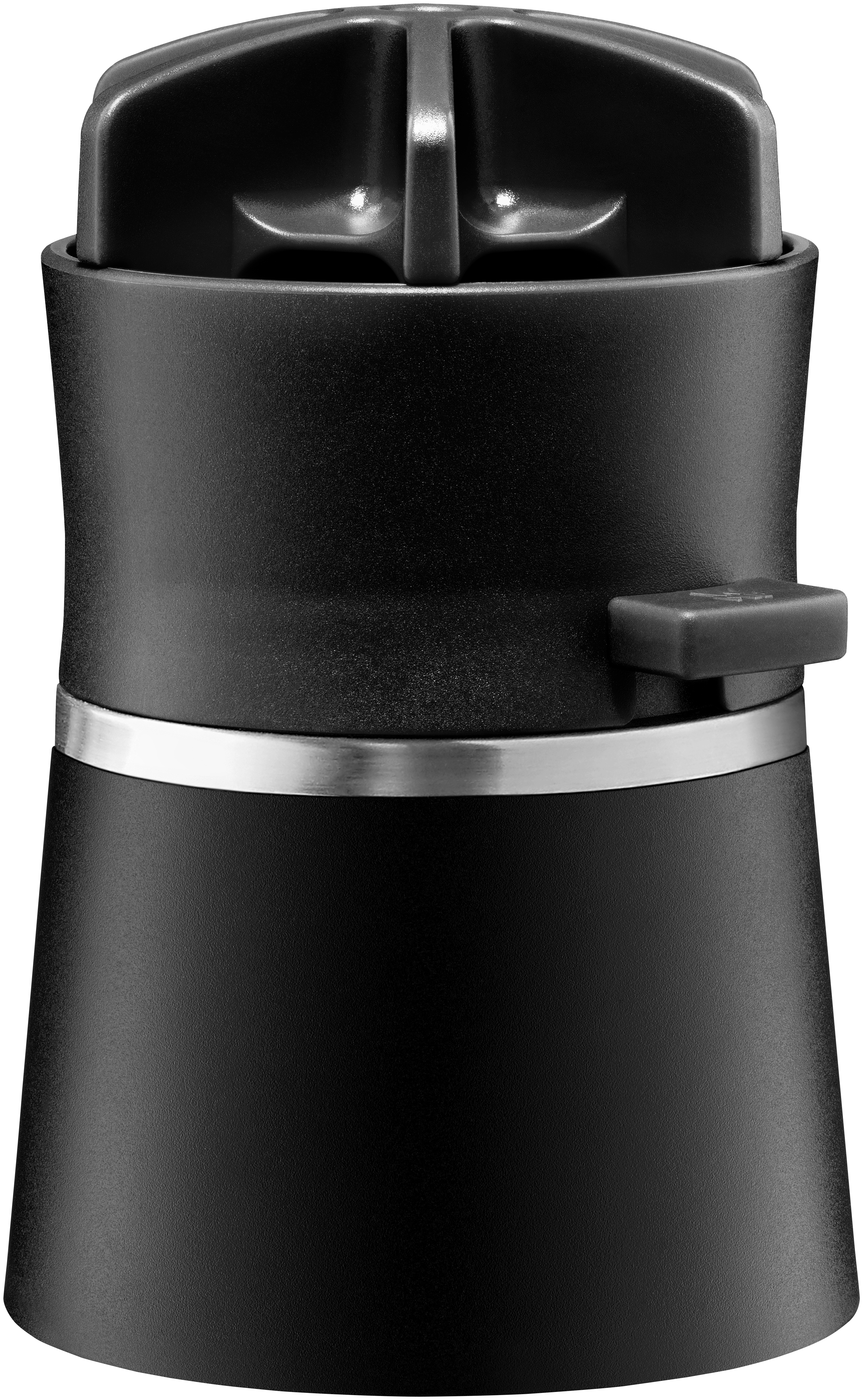 Eine schwarze Pfeffermühle mit einem silbernen Band in der Mitte, isoliert auf Weiß.