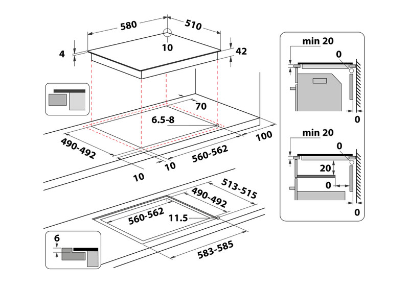 Főzőlap méreteit ábrázoló diagram. mm-ben megadott méreteket és a főzőlap felülnézetét tartalmazza.