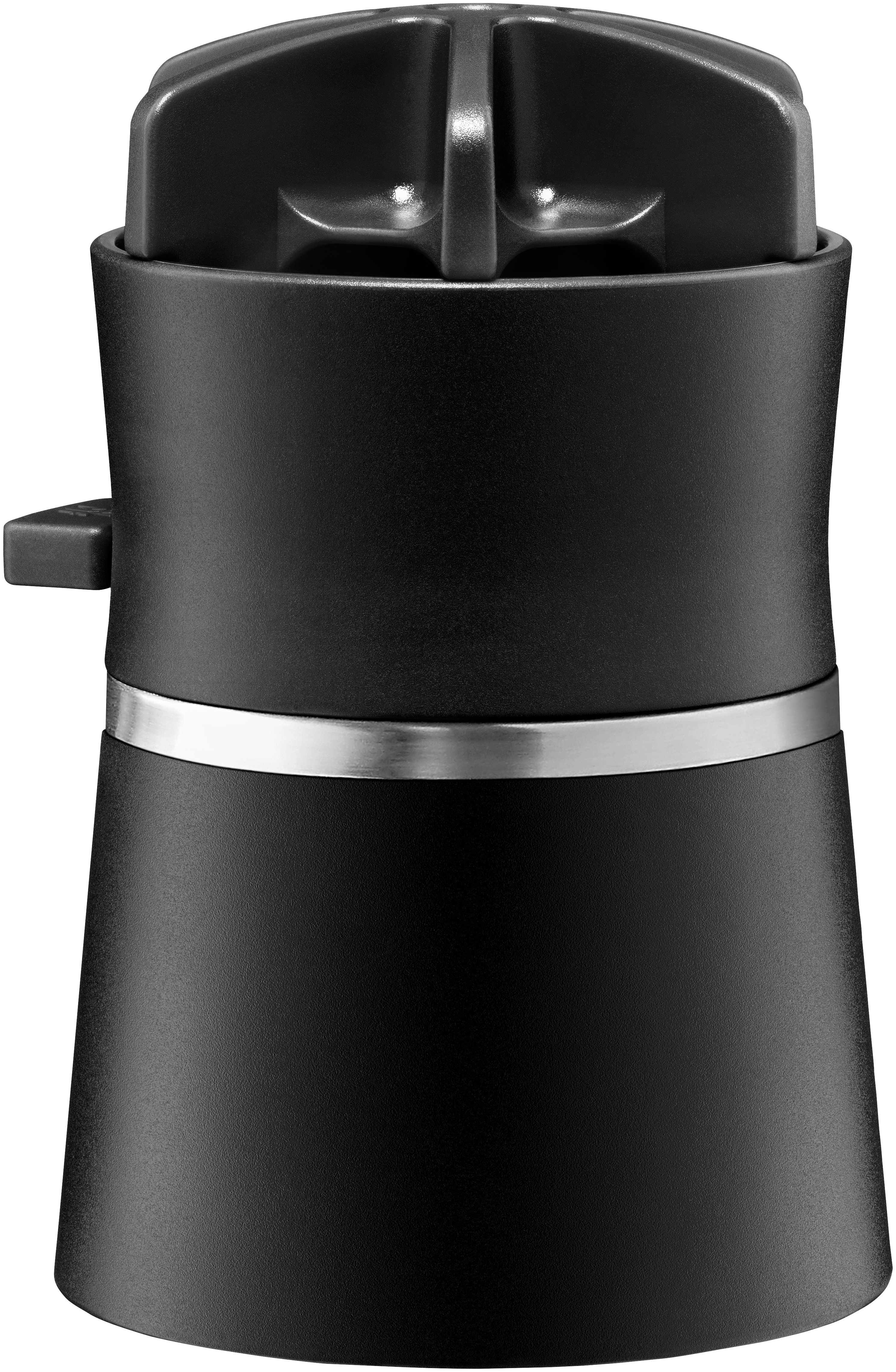 Schwarze Pfeffermühle mit Edelstahlband. Der obere Teil hat einen Mahlwerk. Die Basis ist breiter.