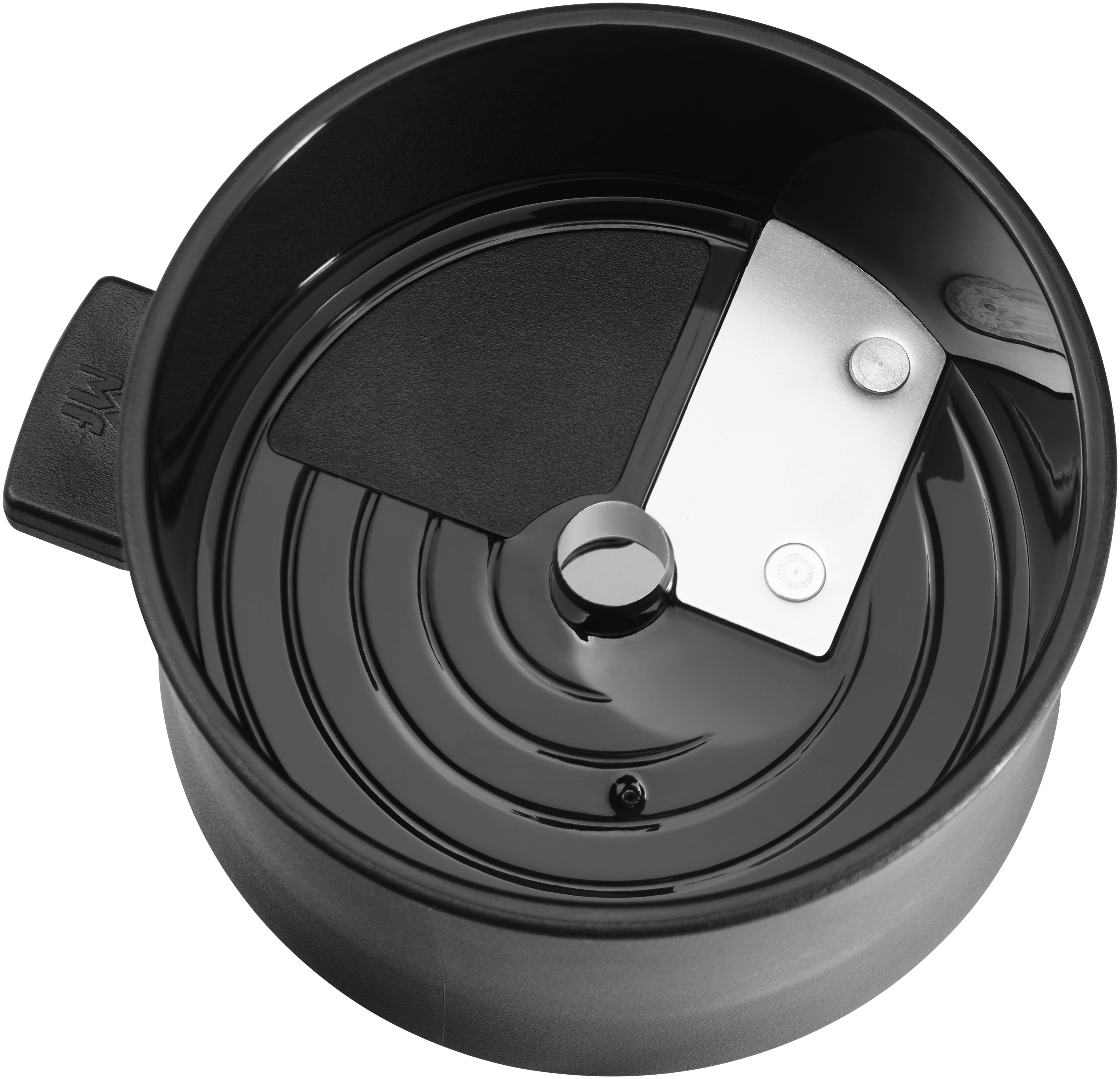Schwarzer und silberner Grinder mit einer Klinge. Schwarzer Griff an der Seite.