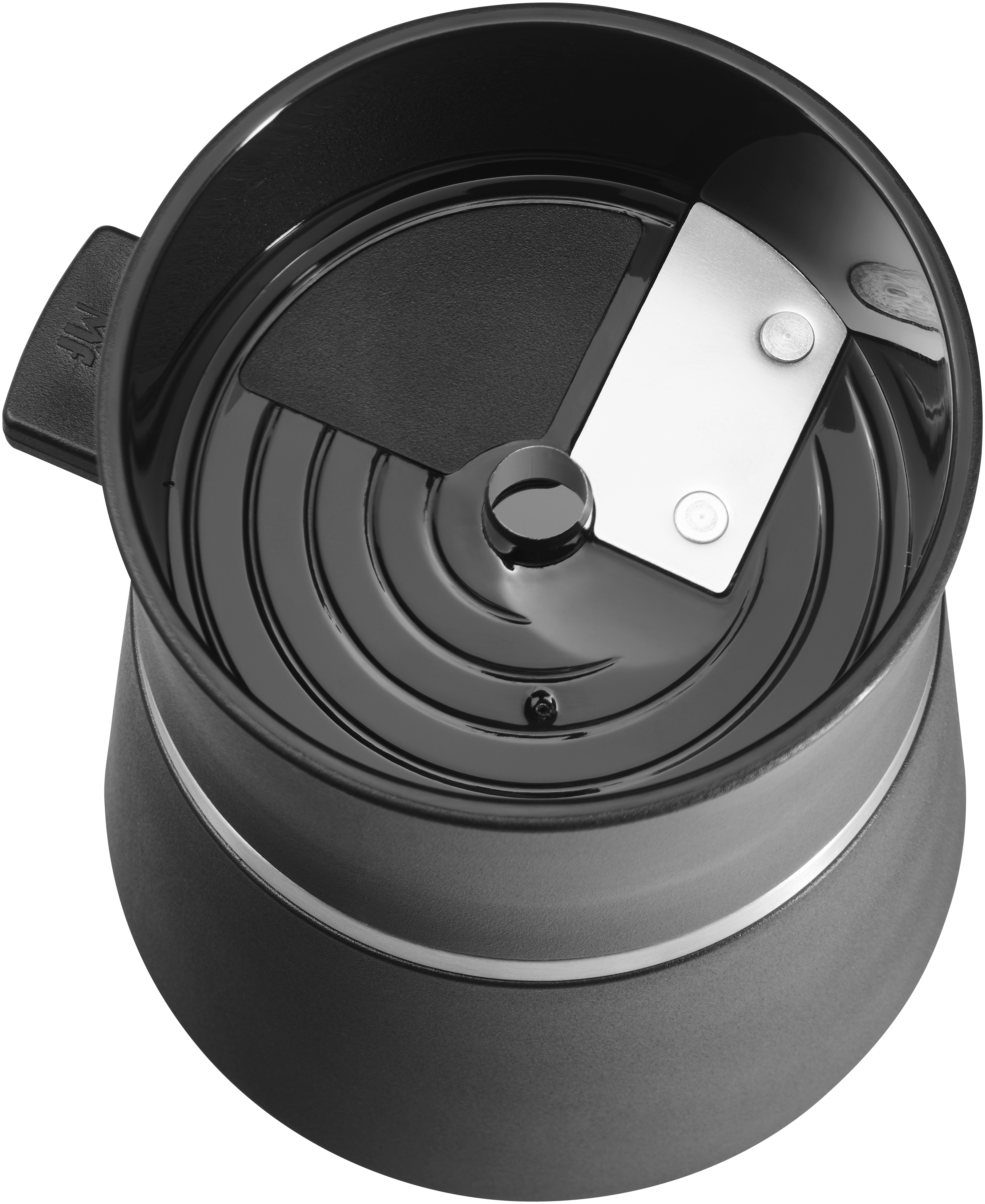 Schwarze Kaffeemühle mit silbernen Klingen. Der Deckel ist offen, mit schwarzem Kunststoff innen.