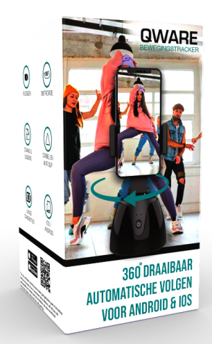 Boîte avec un support de téléphone et un téléphone montrant des gens dansant. Marque Qware.