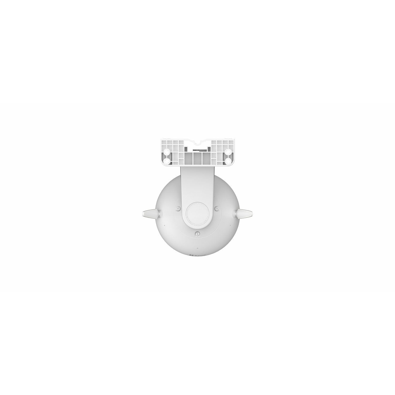 Una vista cenital de un dispositivo blanco circular con un soporte de montaje sobre fondo blanco.