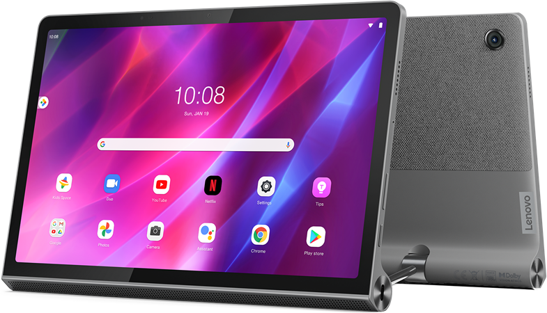 Ezüst tablet fekete kerettel. Alkalmazásikonokat jelenít meg. Szürke hátlap kamerával.
