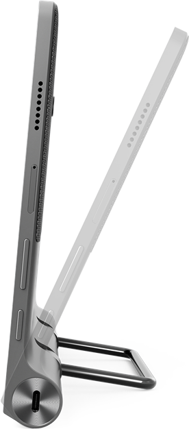Szürke táblagép állvánnyal, megtekintéshez döntve, USB-C porttal.