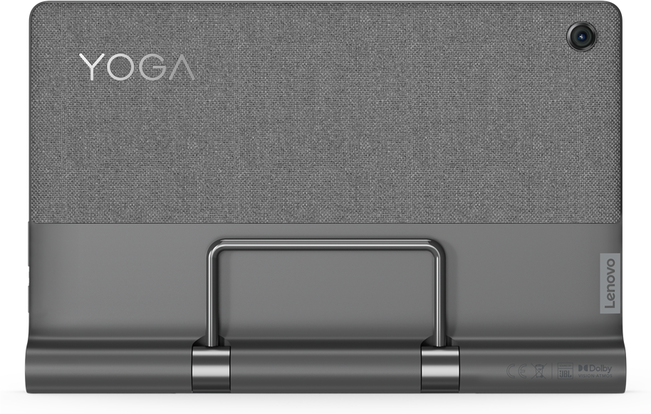 Egy szürke tablet hátlapja, "YOGA" felirattal, kitámasztóval és kamerával.