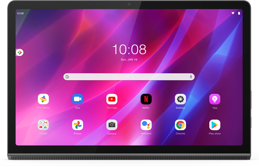 Tablet, képernyőn appok. 10:08-at mutat. Lila és fehér háttér app ikonokkal.