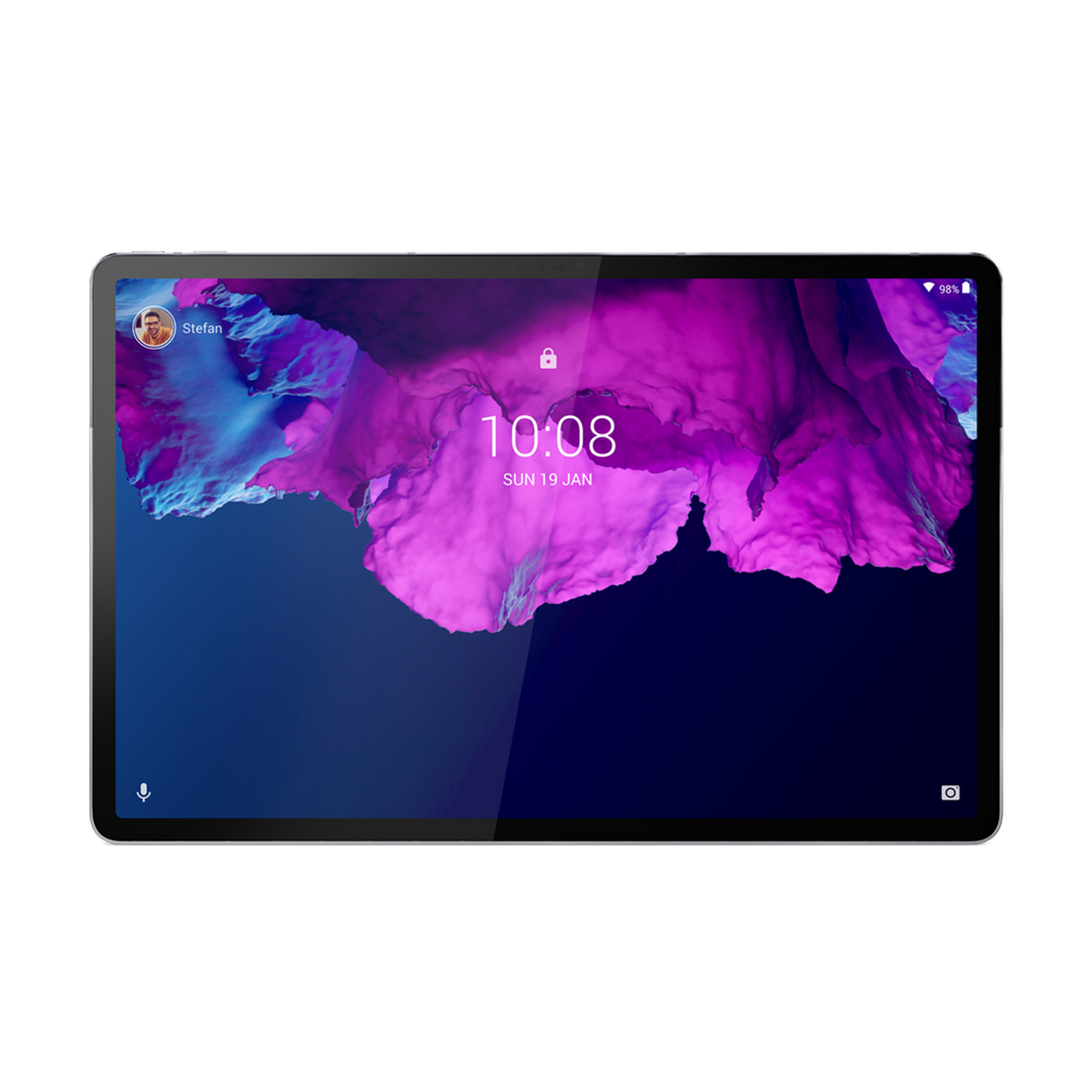 Tableta con fondo morado y azul, visualización de la hora y foto.