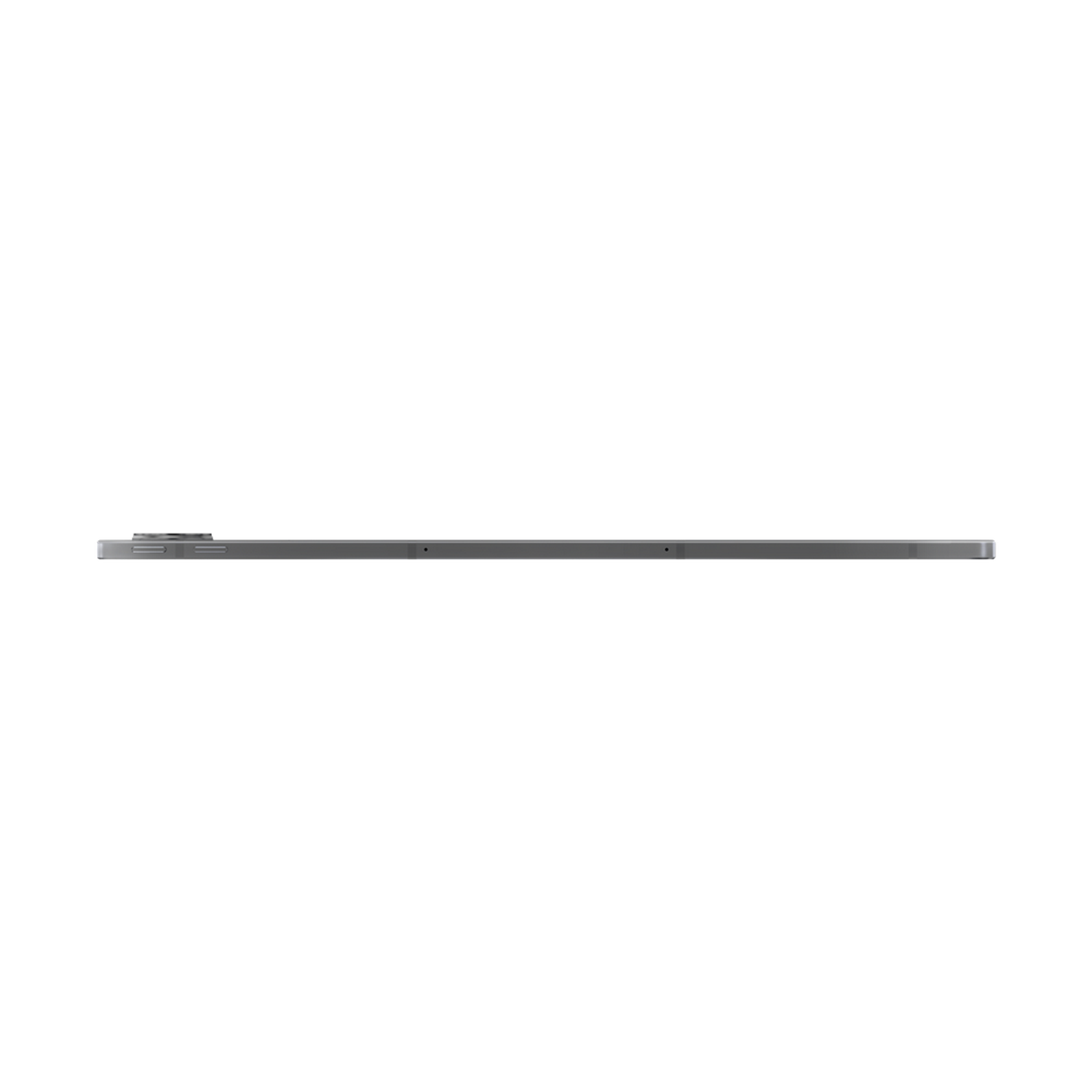 Un dispositivo rectangular, plateado y muy delgado sobre un fondo negro.