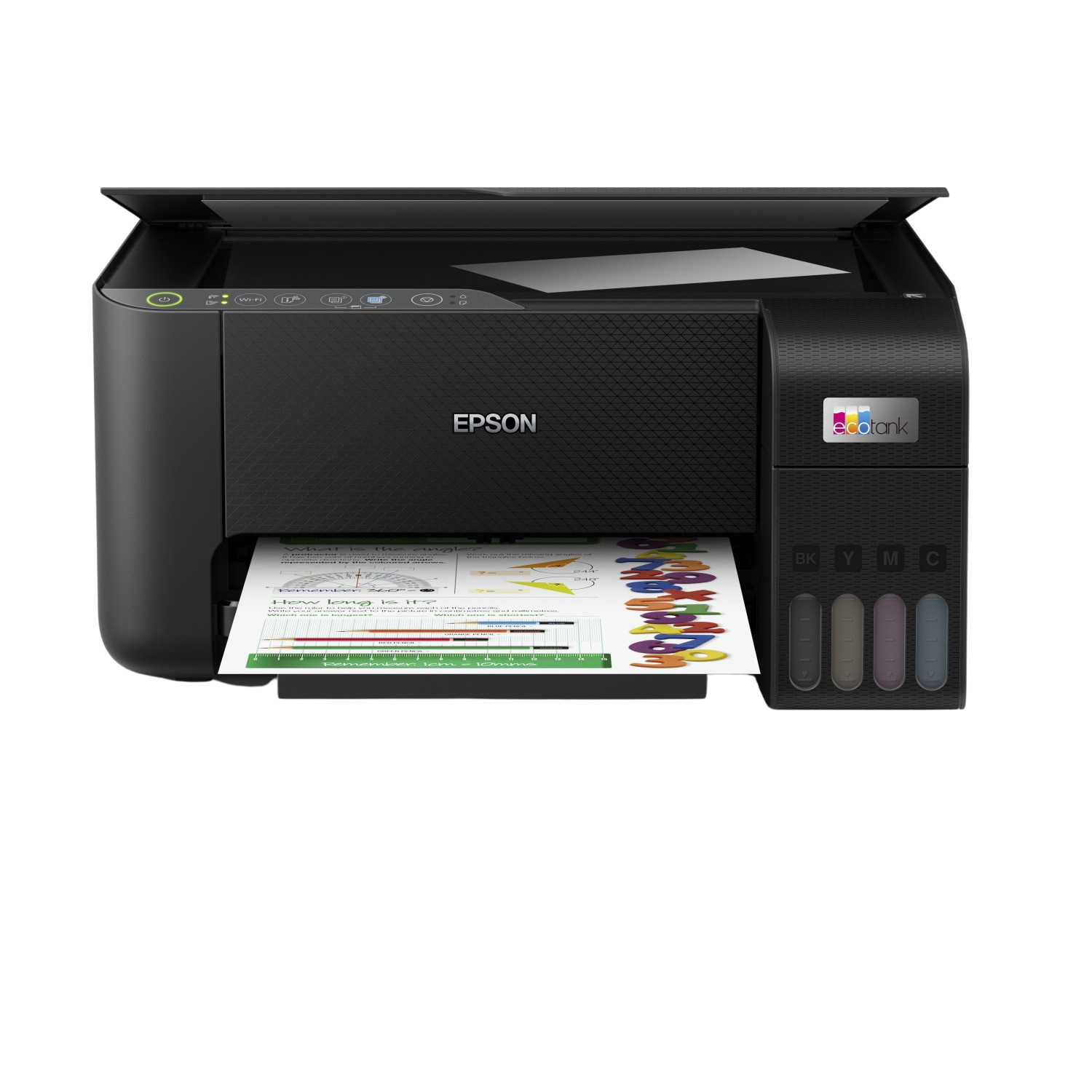 Impresora Epson negra con salida de papel. Cartuchos de tinta a la derecha. Fondo negro.