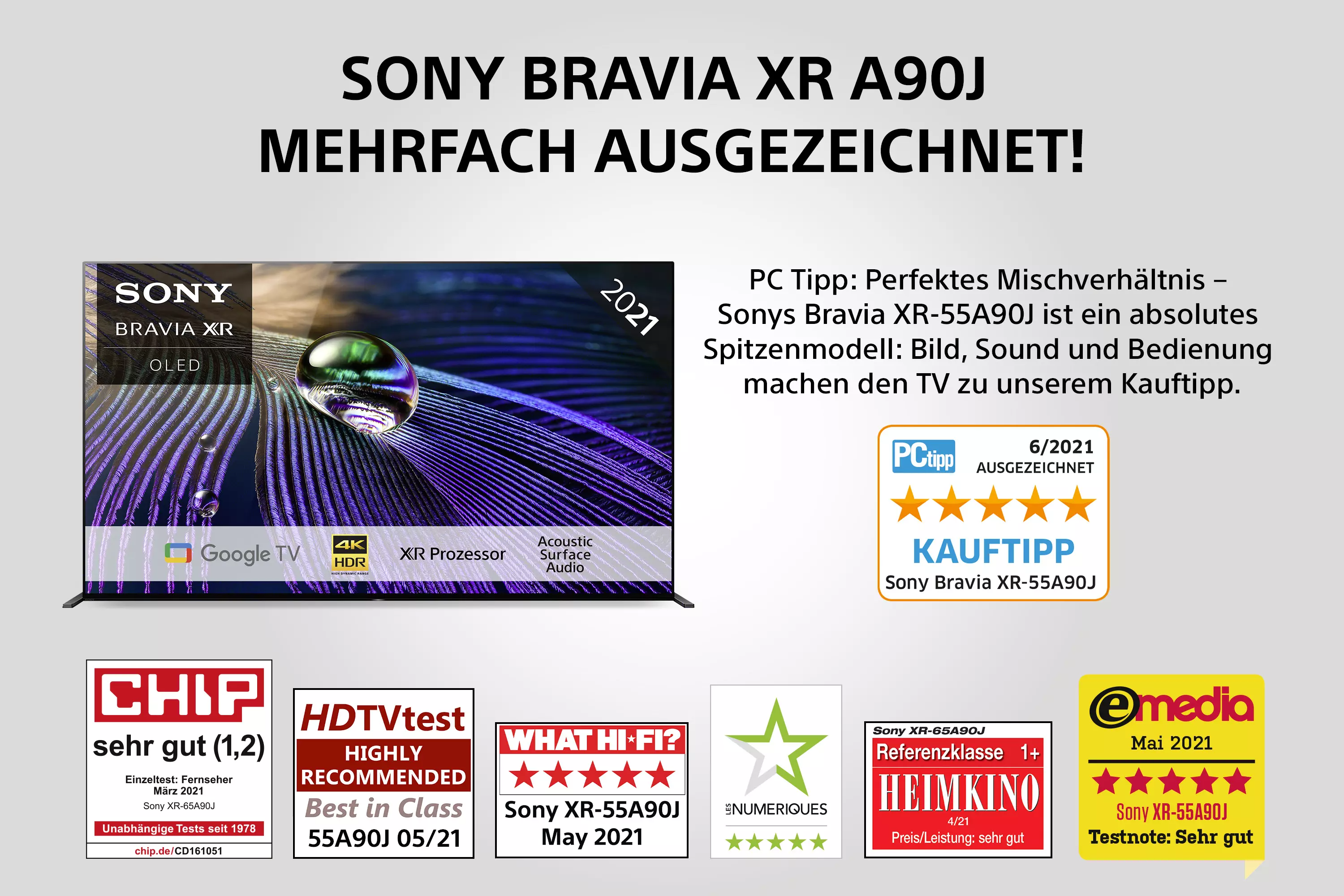 Ein Sony Bravia XR A90J TV, mit Auszeichnungen und Text auf Deutsch. Der Fernseher ist eingeschaltet und zeigt eine Naturszene.