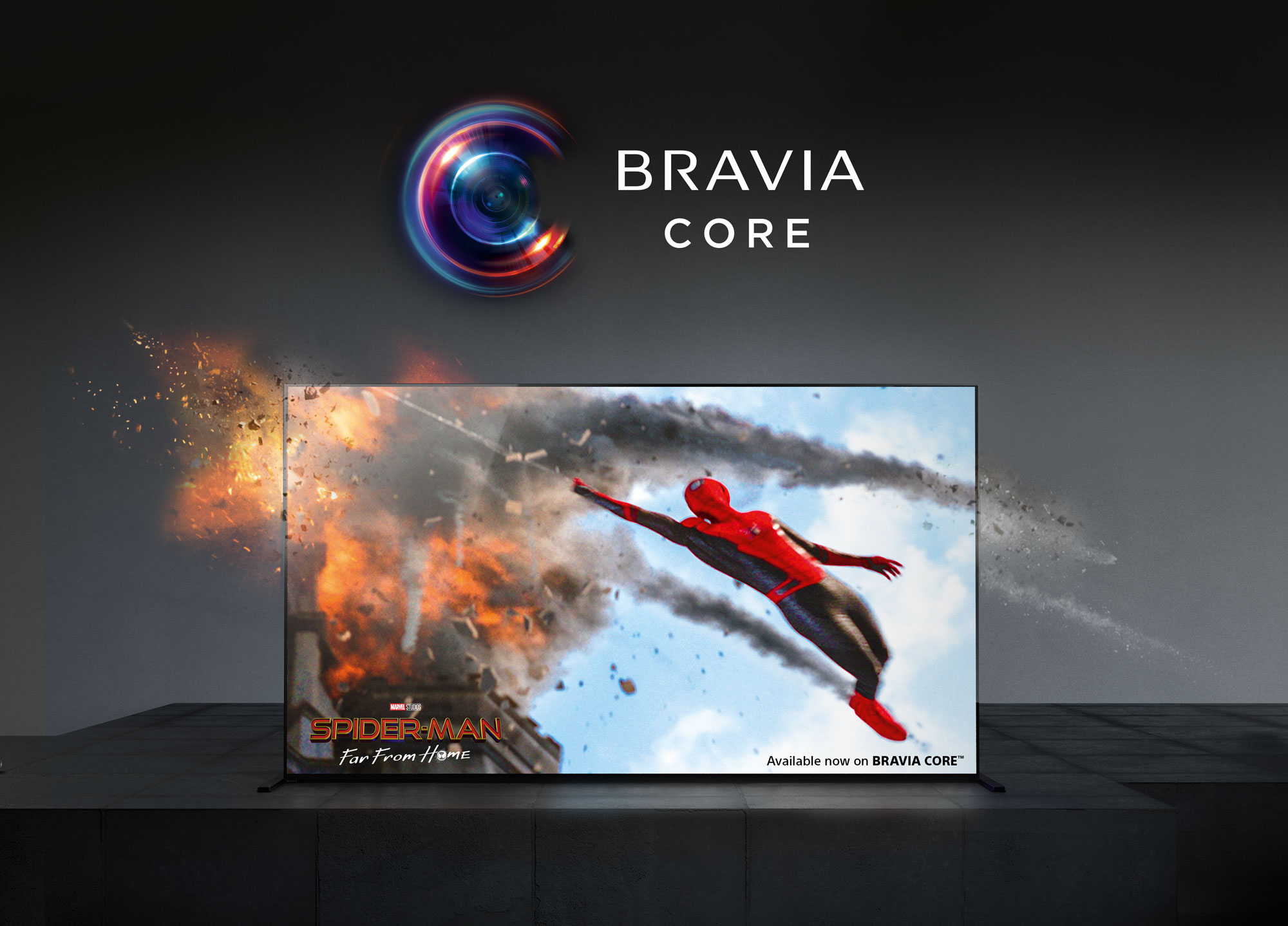 TV-Bildschirm mit einer Szene aus dem Spider-Man-Film. Der Text BRAVIA CORE steht darüber.