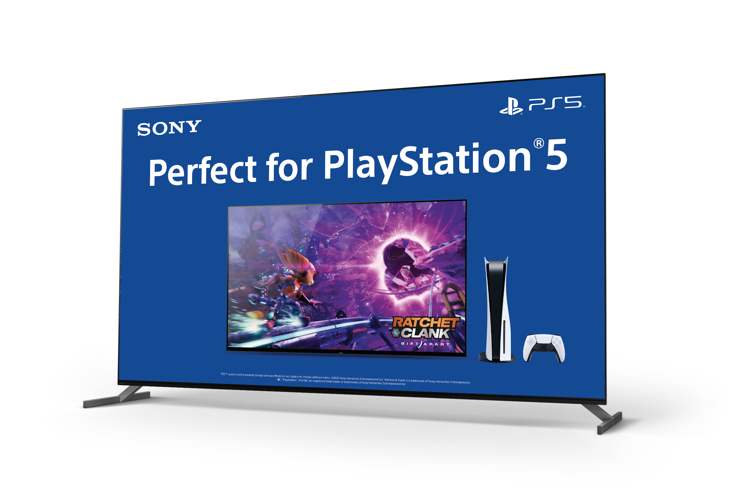 Großer Bildschirm zeigt ein Spiel, mit Konsole und Controller auf einem Ständer.