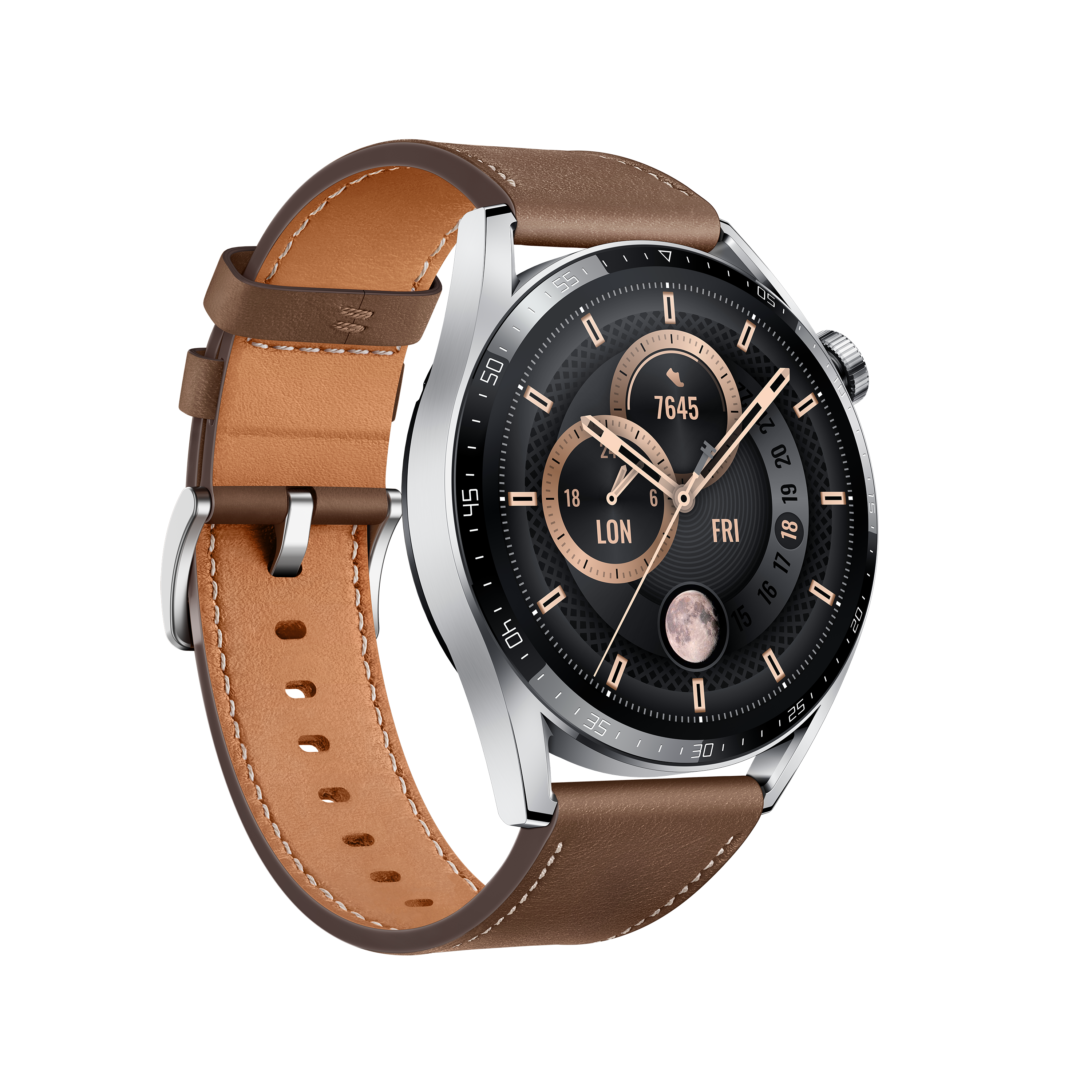 Smartwatch con correa de cuero marrón, esfera negra.