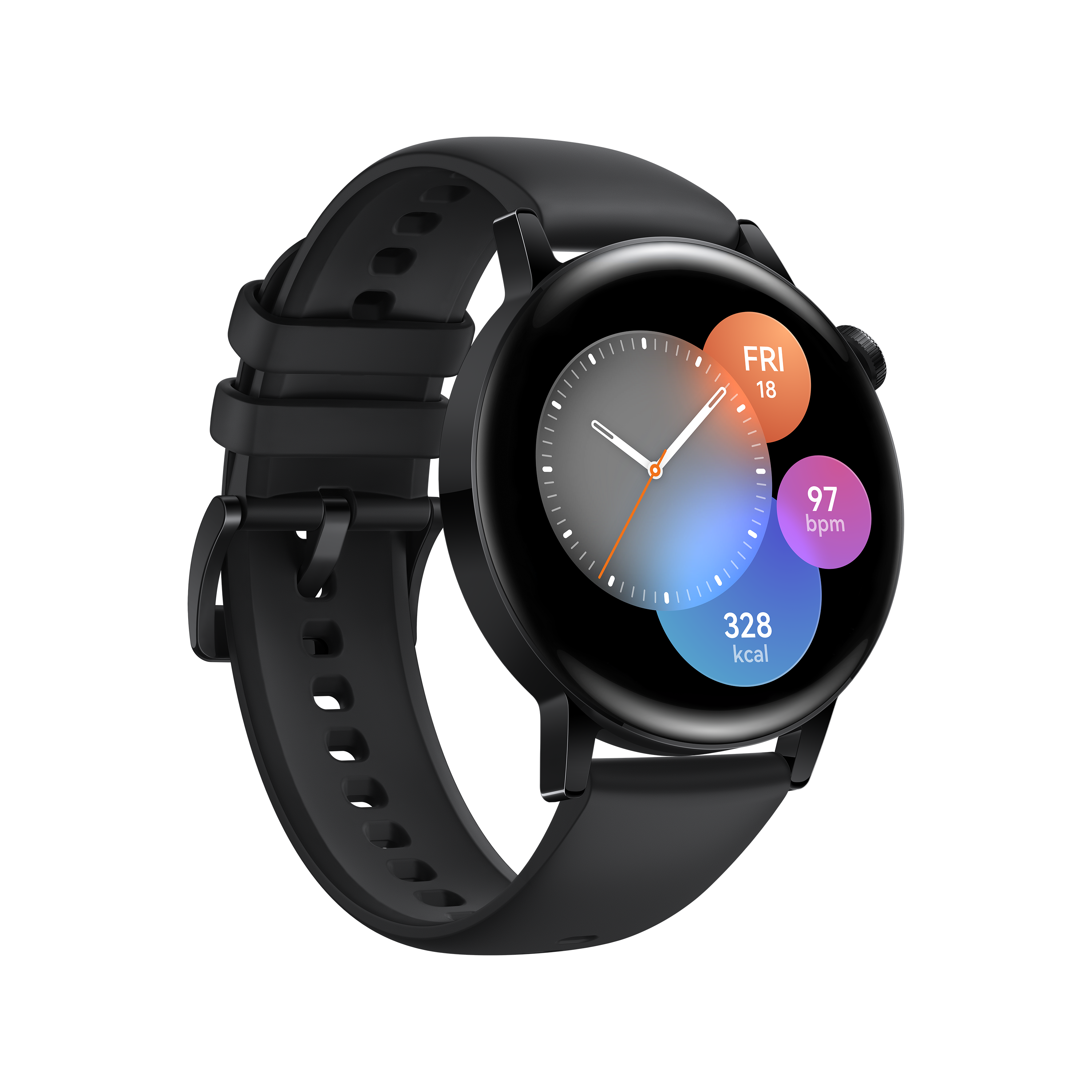 Un reloj inteligente negro con esfera circular muestra la hora, la frecuencia cardíaca y las calorías quemadas.