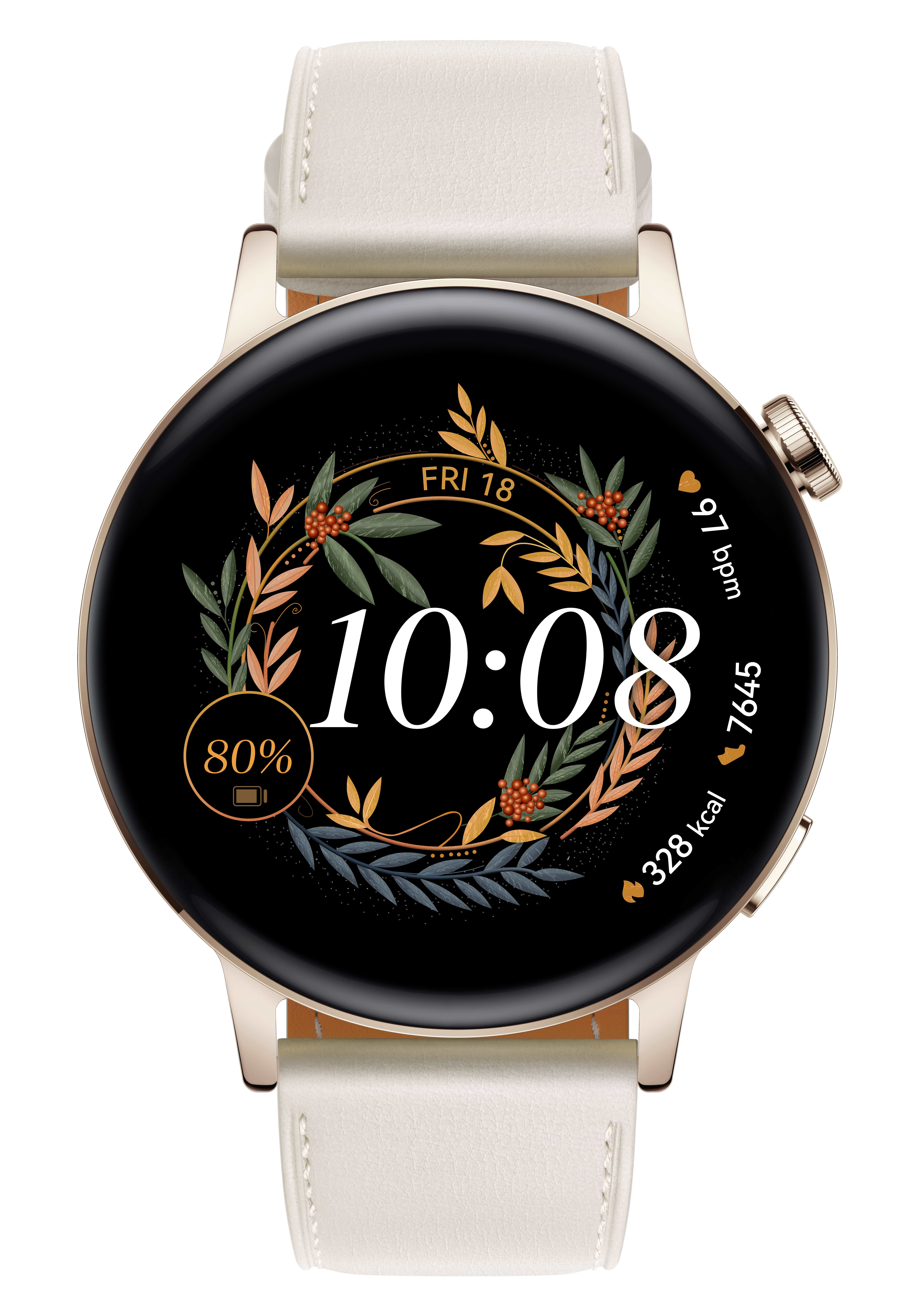 Un reloj inteligente dorado con correa blanca que muestra hora, fecha y métricas de actividad.