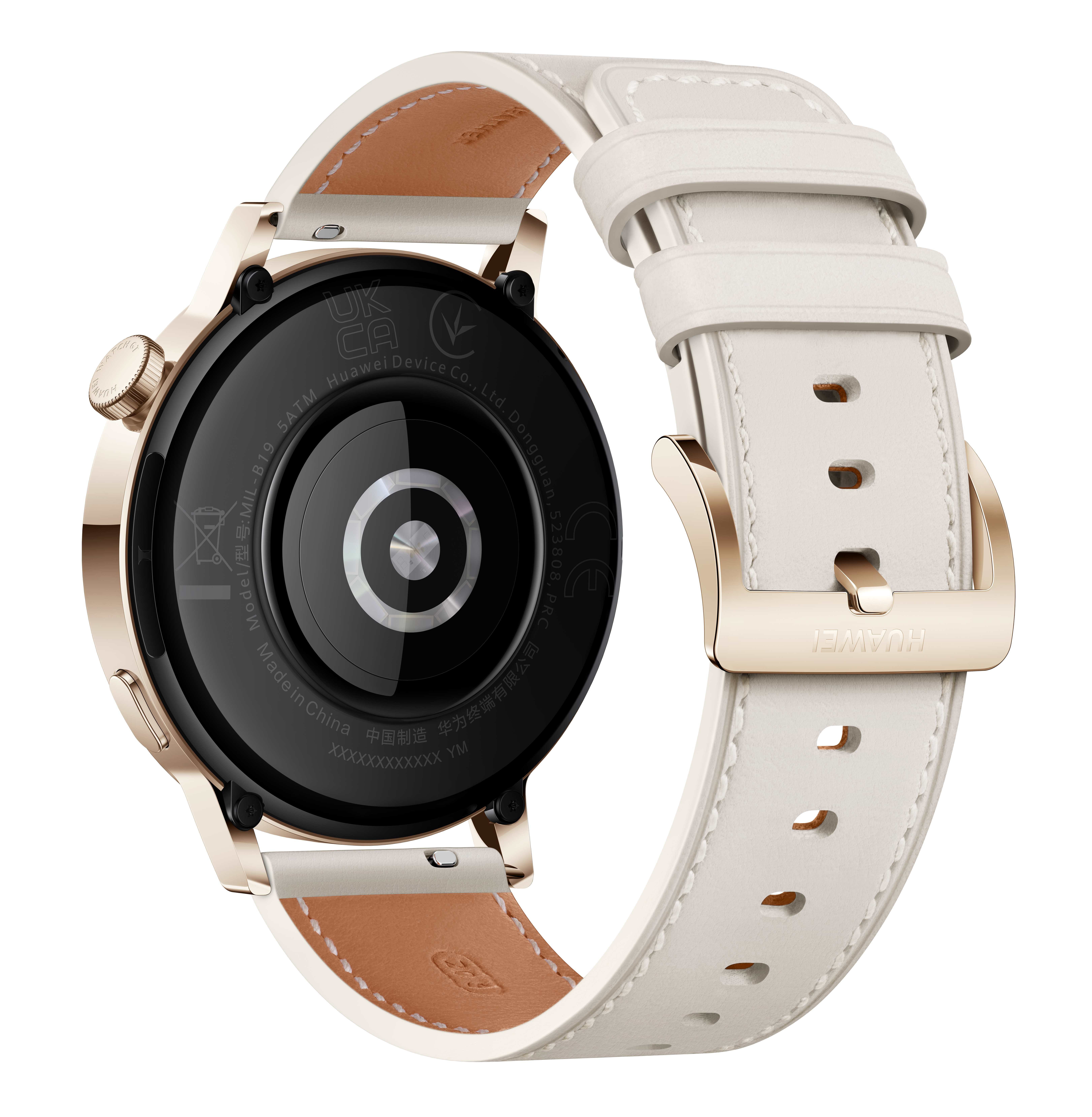 Vista trasera de un reloj inteligente dorado con correa de cuero blanco.