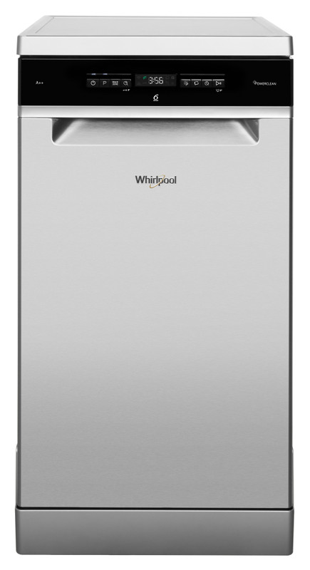 Rozsdamentes Whirlpool mosogatógép, elölnézet, fehér háttérrel.