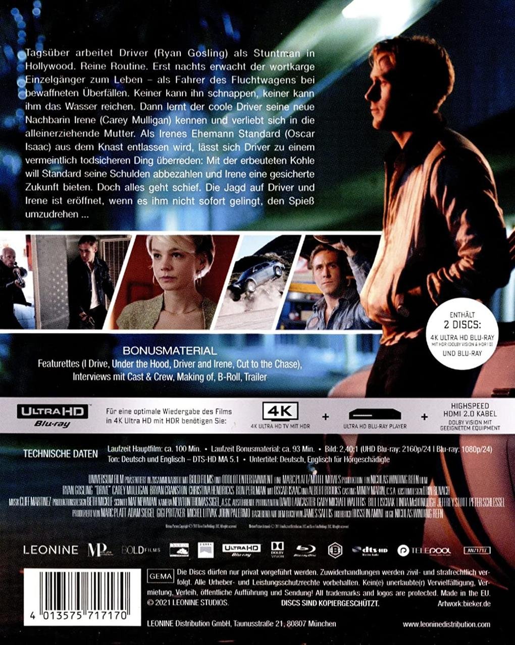 Die Rückseite einer Blu-ray Disc mit Text und Bildern aus dem Film Drive.