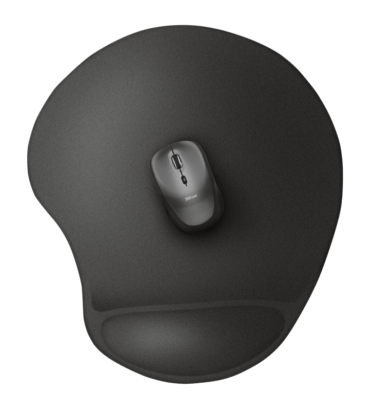 Siyah ergonomik mouse pad üzerinde bilek desteği olan siyah fare.