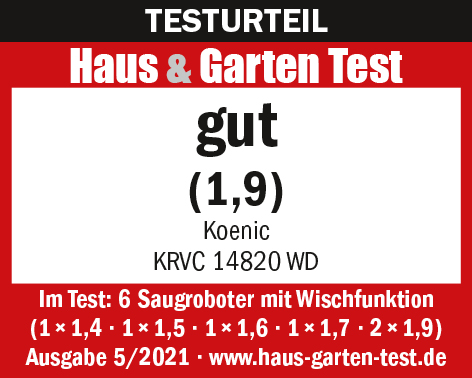 Ein rot-weißes Etikett mit Text, das ein Produkt mit 'gut' (gut) und einer Note von 1,9 bewertet.